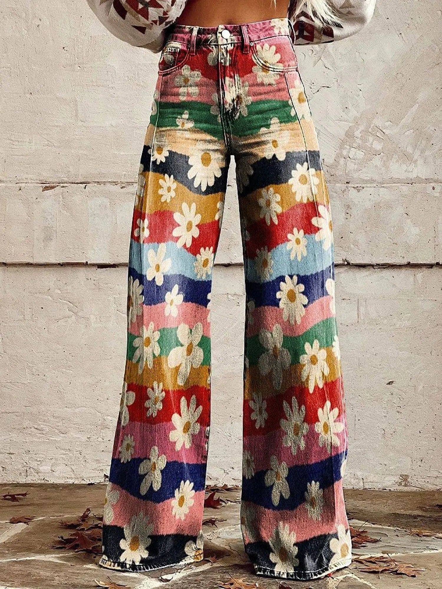Women's Denim-Look 3D-Printed Casual Wide-Leg Flared Pants