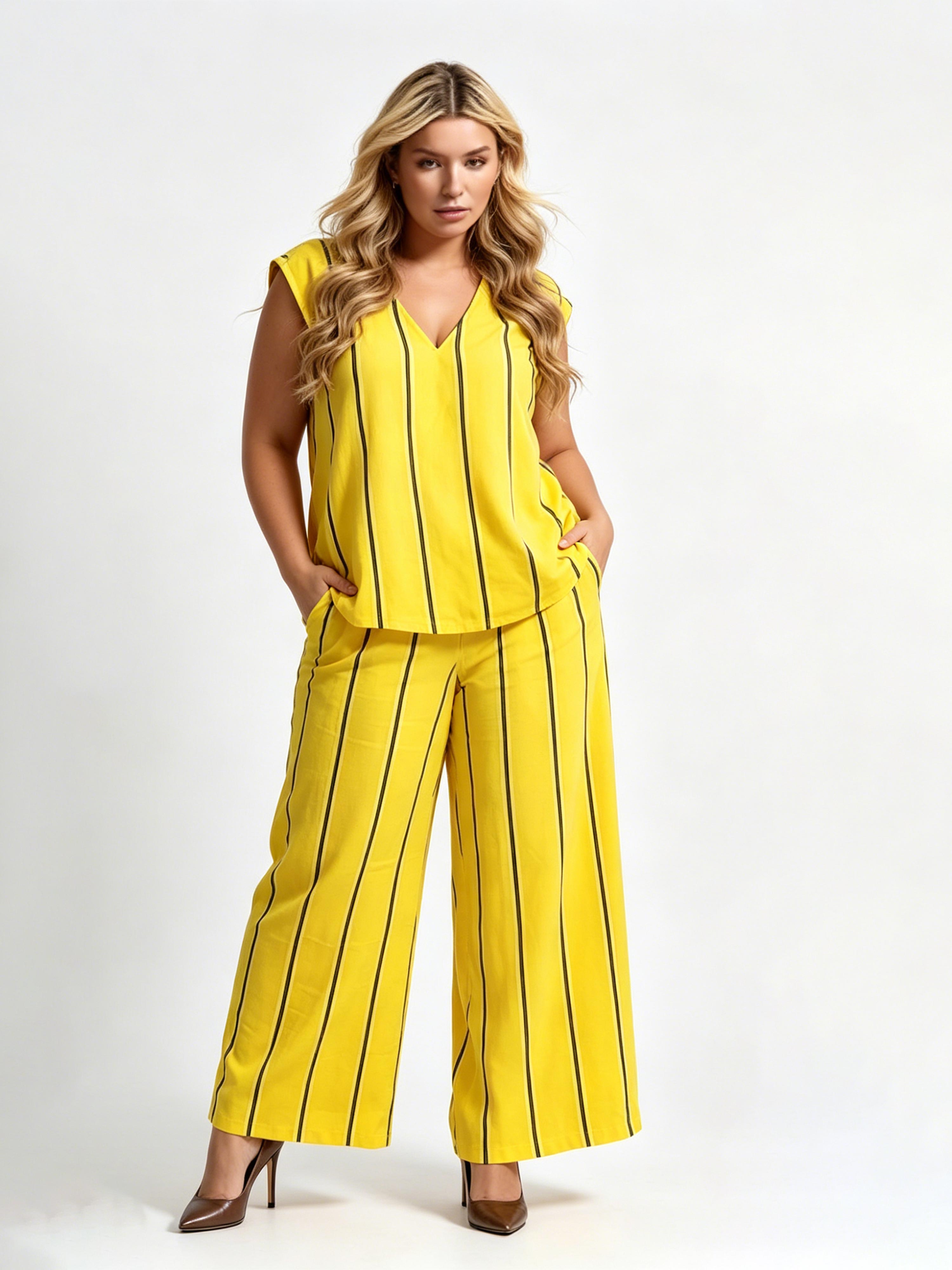 Loose-fitting Slimming Black-and-white Vertical-striped Cotton-linen Set