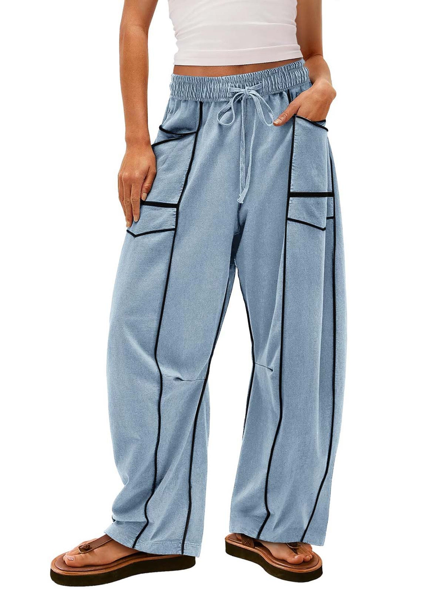 Women Loose Casual Drawstring Wide Leg Pants
