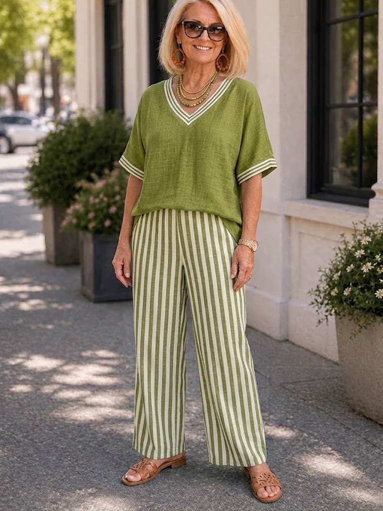 Elegant Cotton-Linen Striped Casual Breathable Set