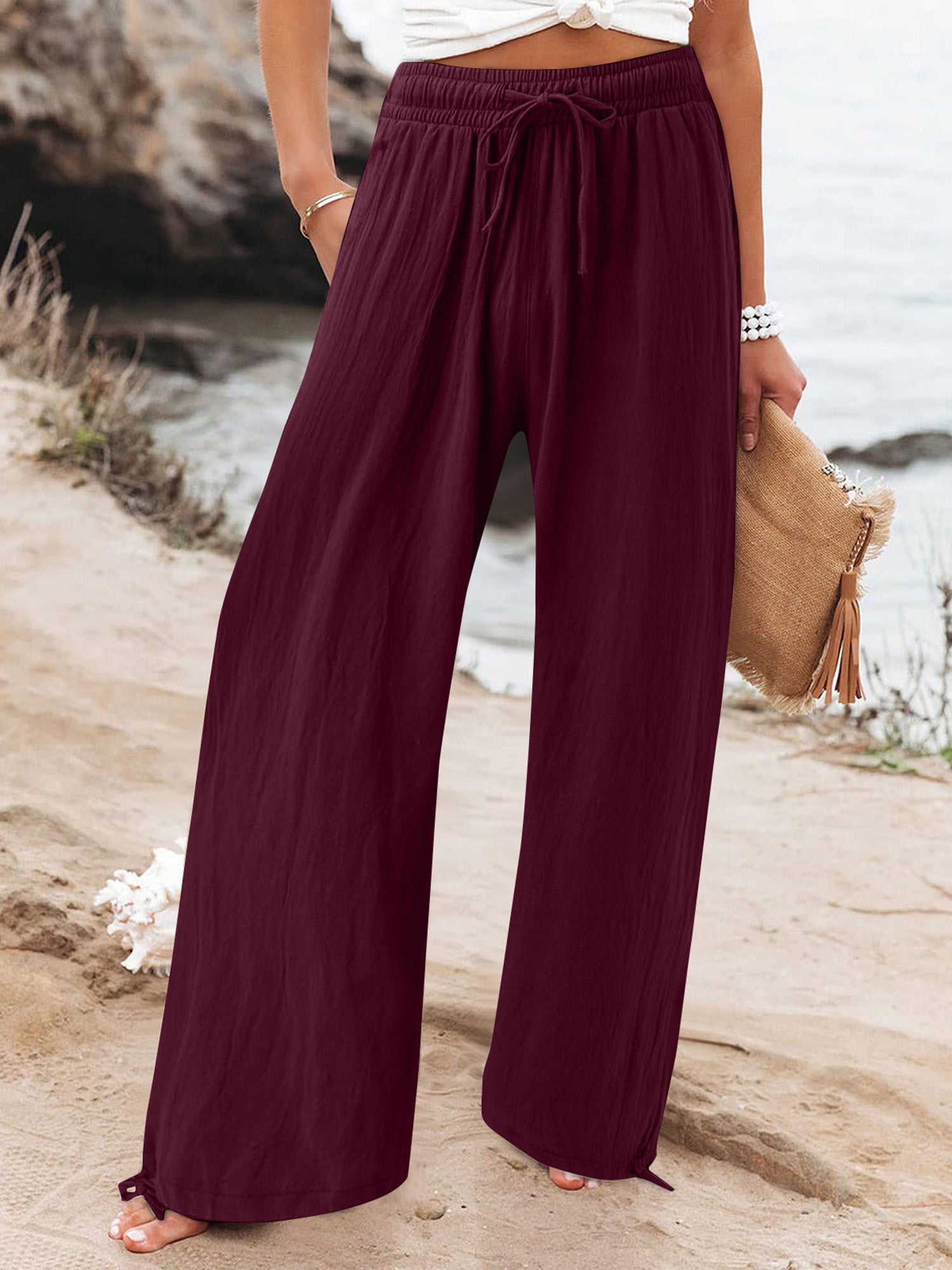 Elastic-Waist Casual Solid-Color Wide-Leg Pants