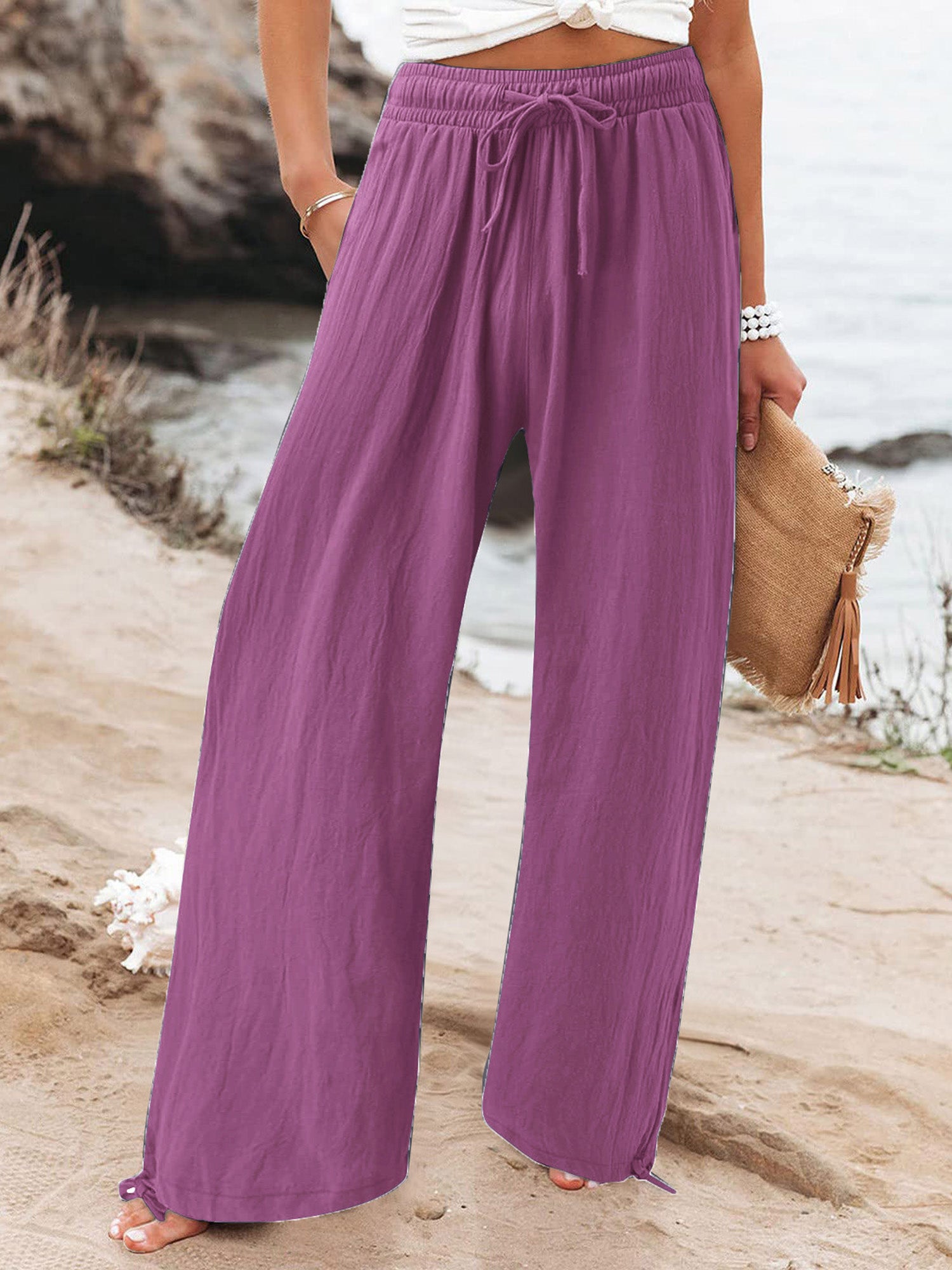 Elastic-Waist Casual Solid-Color Wide-Leg Pants
