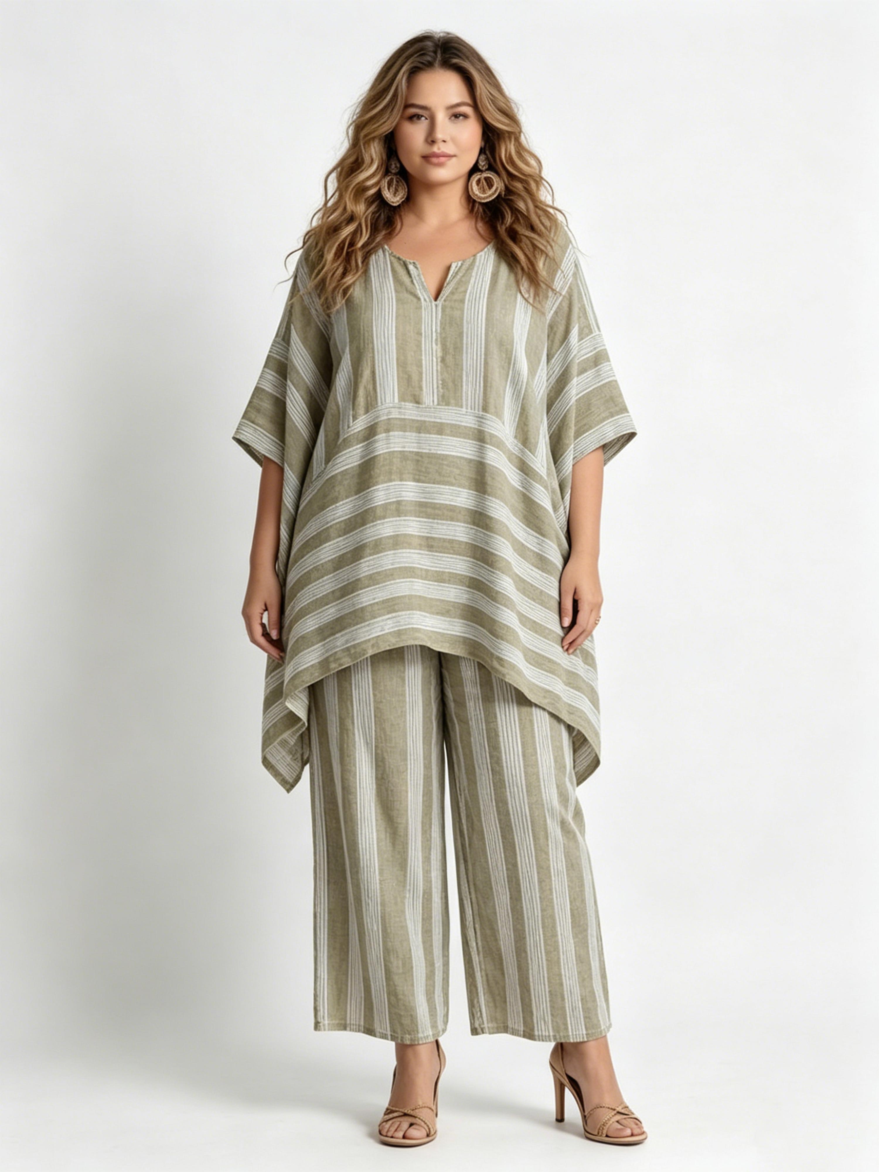 Stylish and Trendy V-Neck Loose-Fit Striped Casual Two-Piece Set