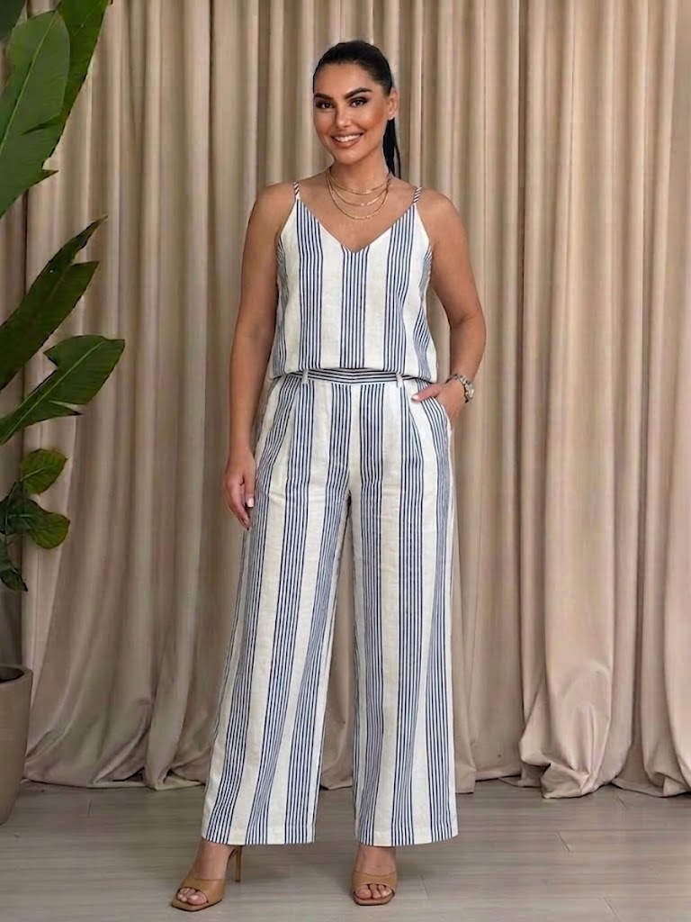 Faux-Stripe Print Bohemian-Style Elegant V-Neck Set