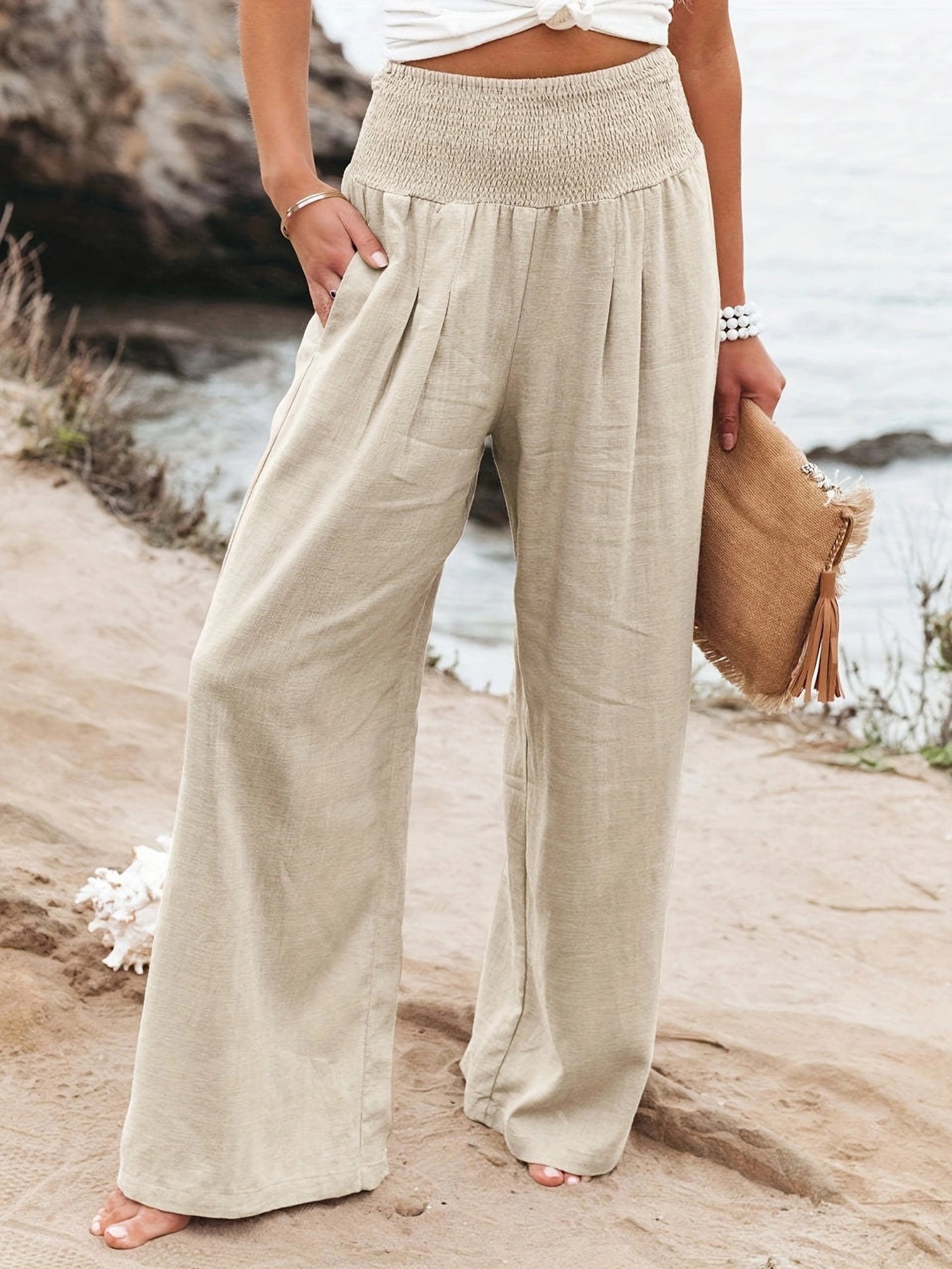Women Cotton Linen Comfort Casual Mid Rise Pants