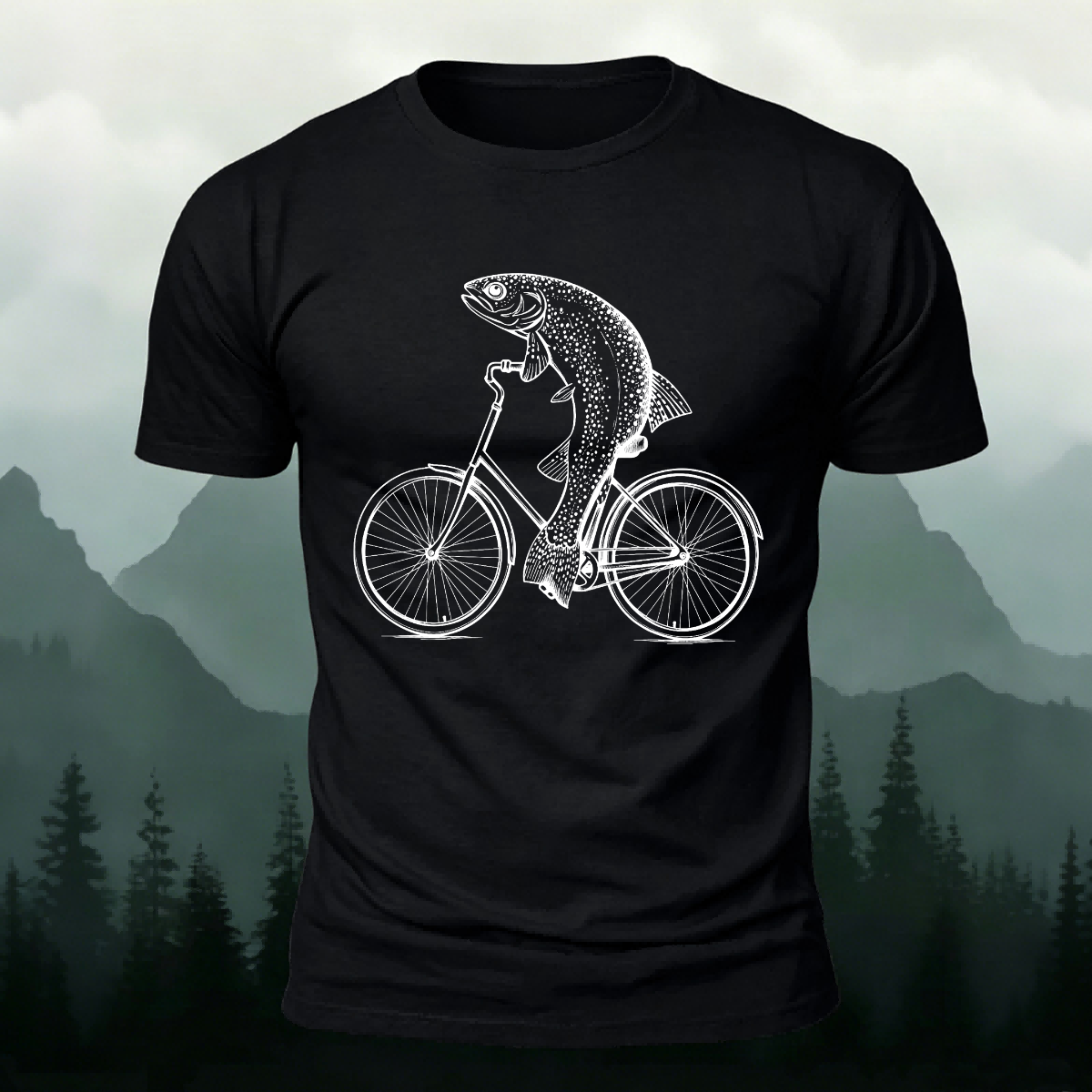 Fish Riding Bicycle Fun Pattern Cotton Casual T-Shirt
