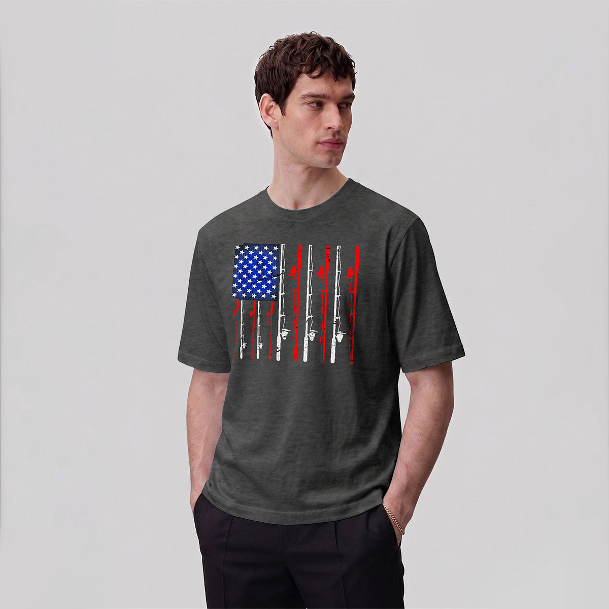 American-style Fishing Rod Pattern Cotton T-shirt