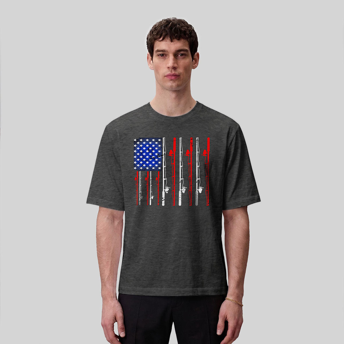 American-style Fishing Rod Pattern Cotton T-shirt