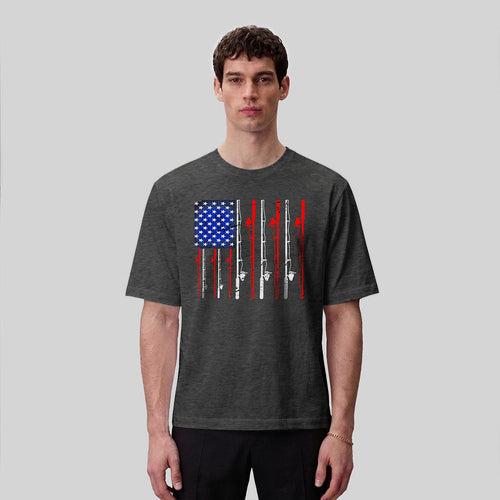 American-style Fishing Rod Pattern Cotton T-shirt