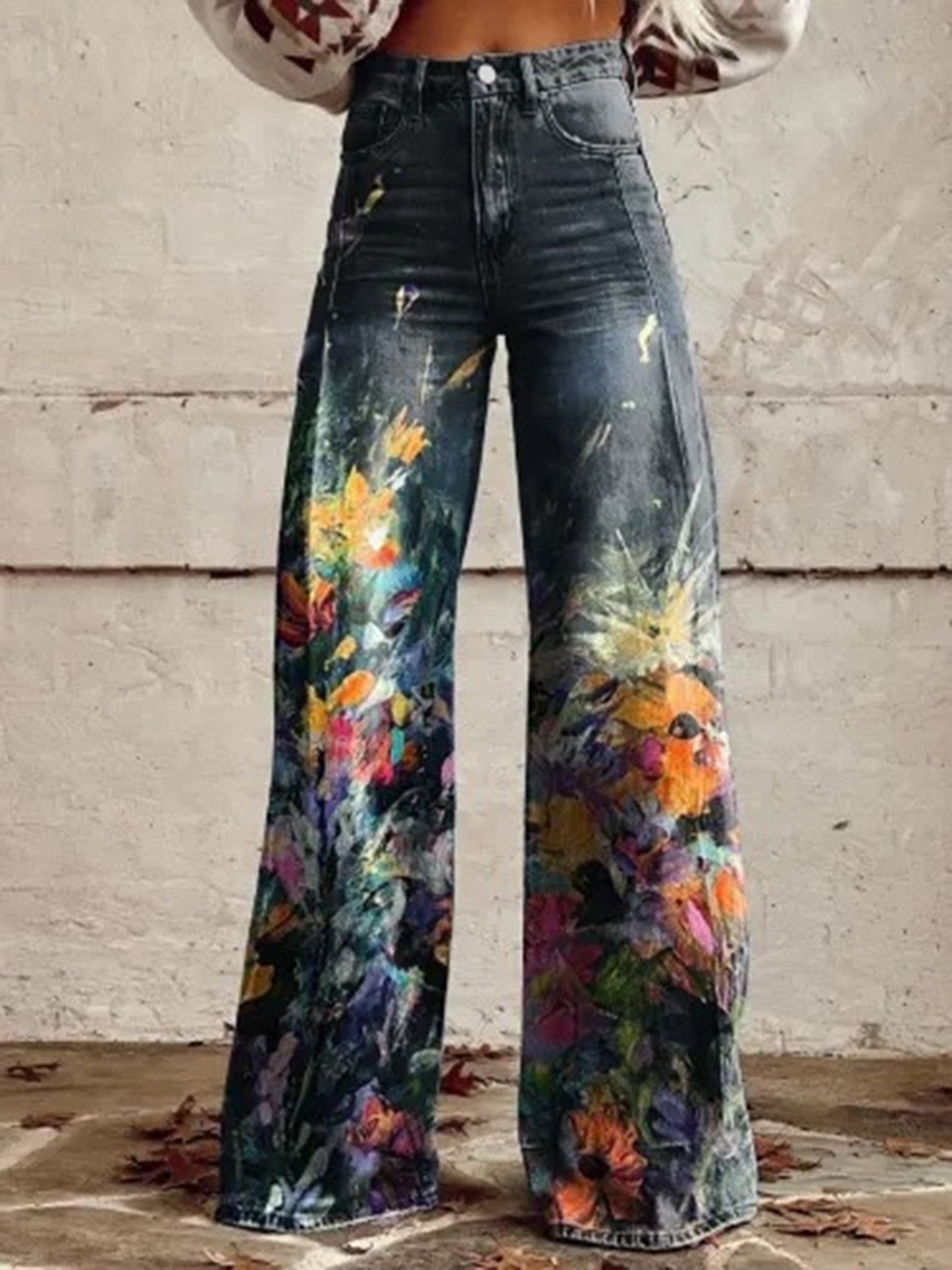 Women's Denim-Look 3D-Printed Casual Wide-Leg Flared Pants
