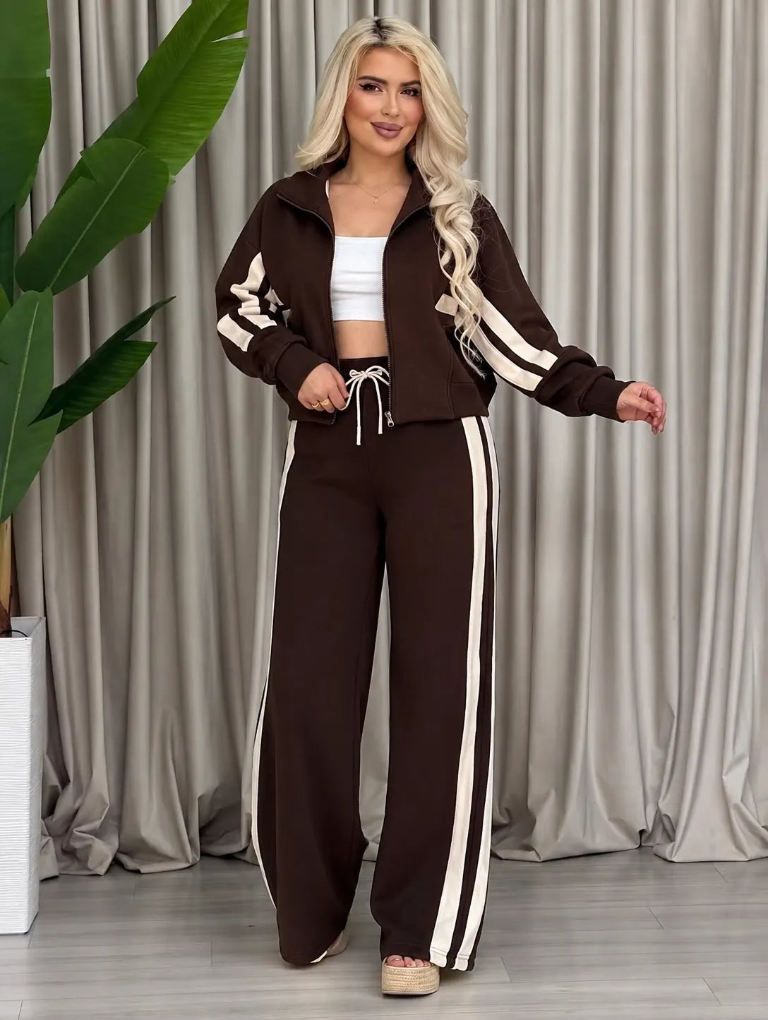 Women Y2K Striped Casual Tracksuit Two Piece Set