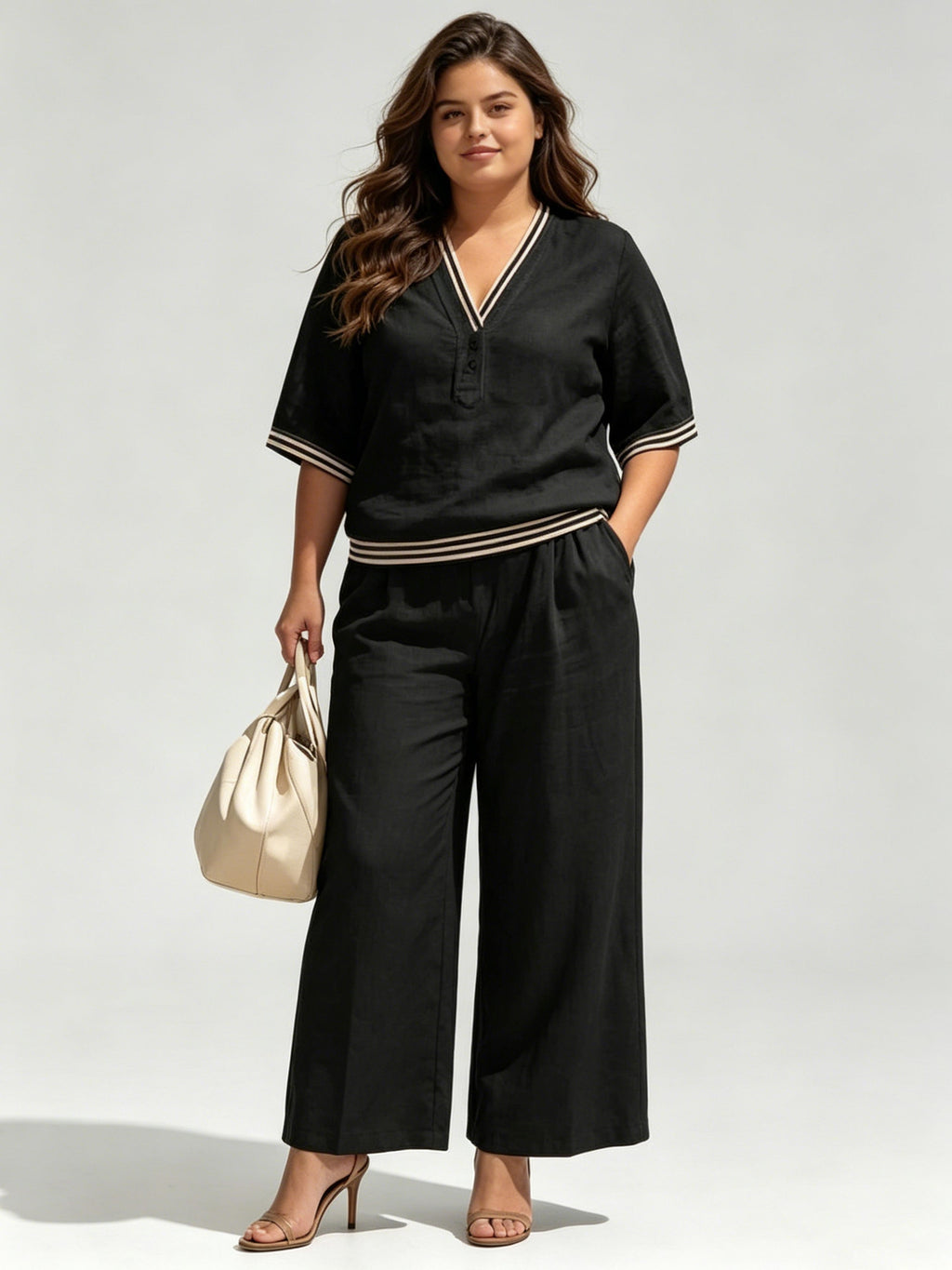 Linen V-neck Casual and Comfortable Two-Piece Set