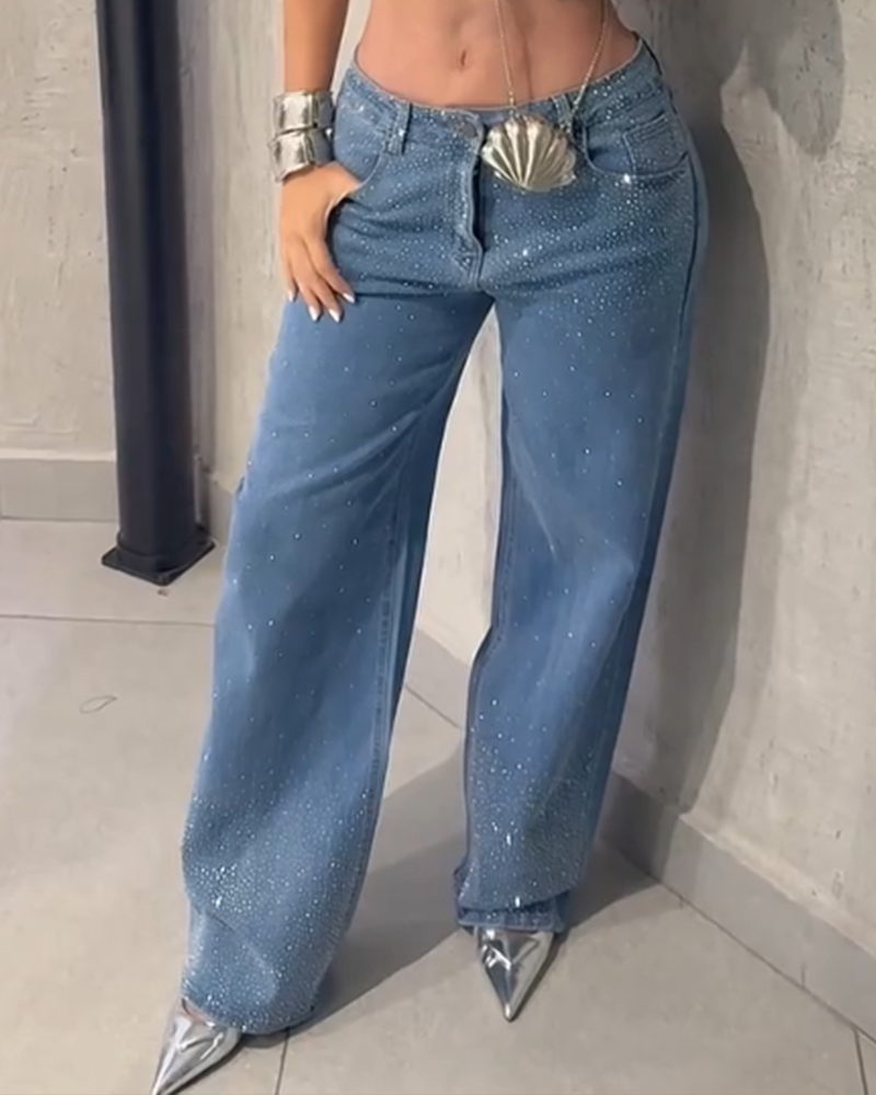 Diamond-Studded Straight-Leg Jeans