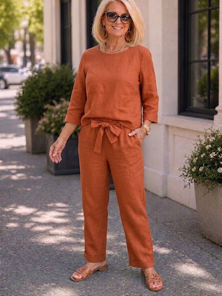 Simple Retro Solid-Color Casual Two-Piece Set