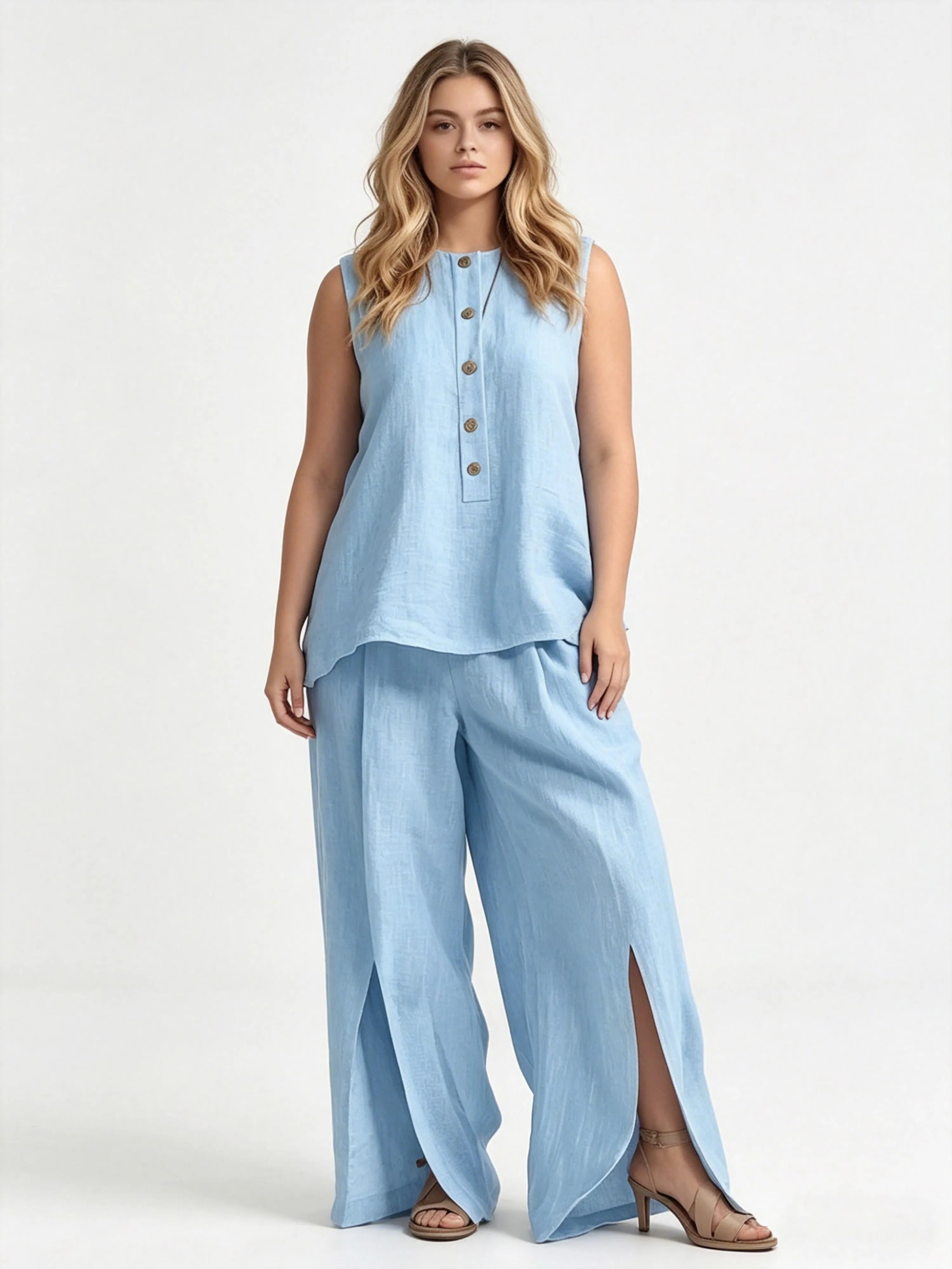 Sleeveless Button Simple Casual Elegant Set