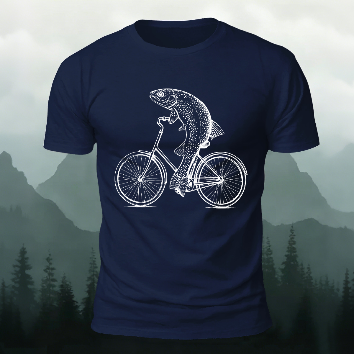 Fish Riding Bicycle Fun Pattern Cotton Casual T-Shirt