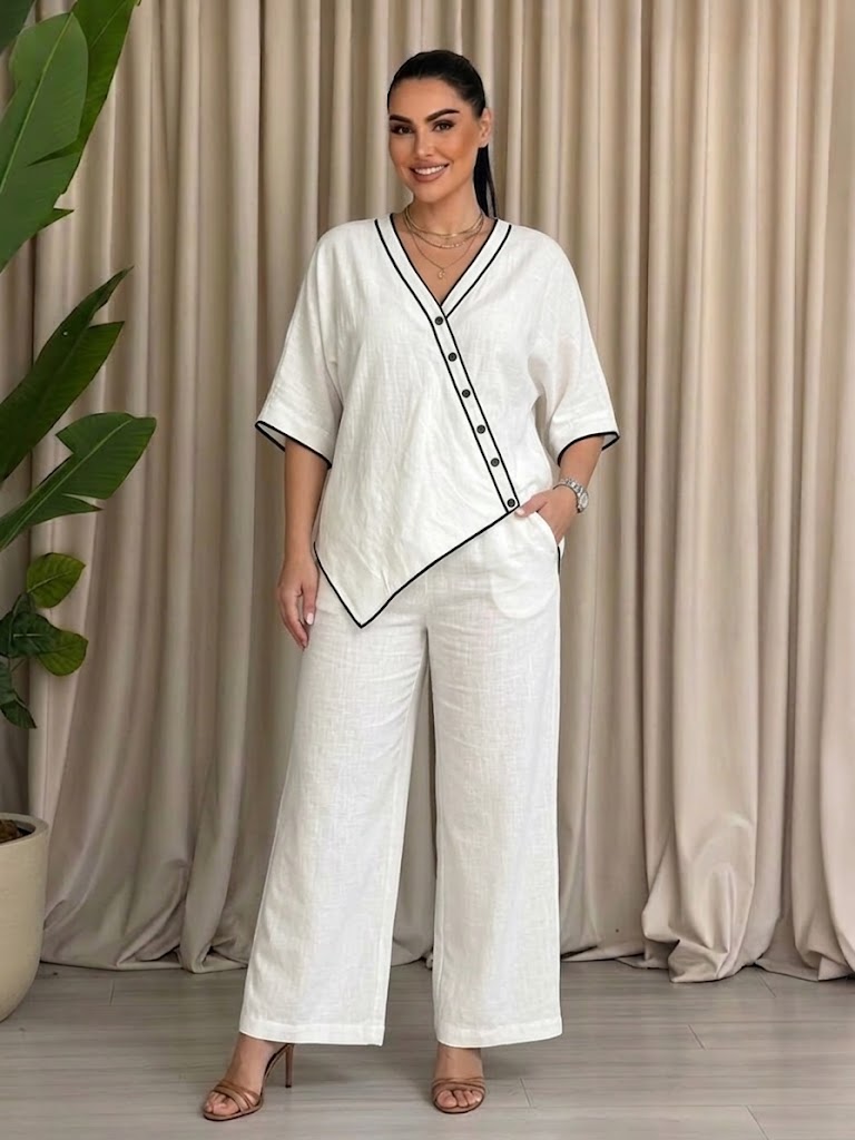 Cotton-Linen V-Neck Oversized Two-Piece Set