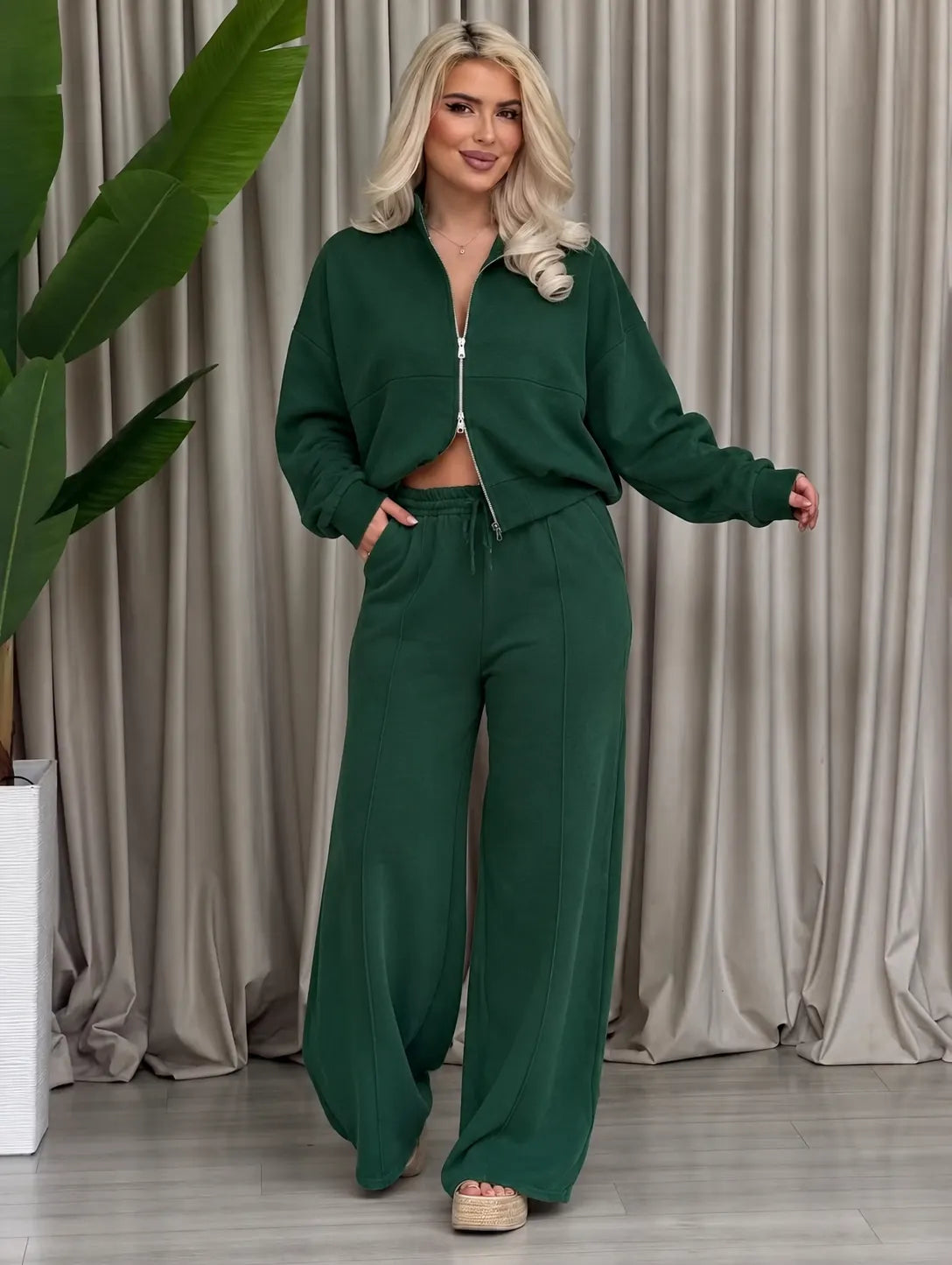 Women Solid Color Sweatshirt Casual Two Piece Set