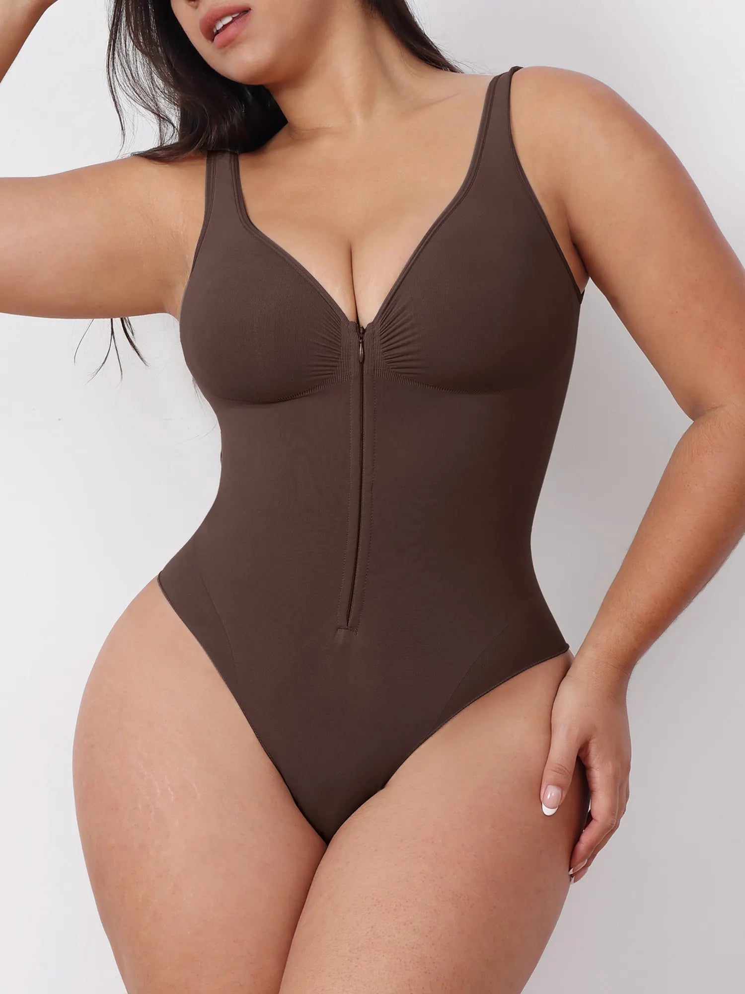 Zipper Strap Backless V-Neck Tummy Control Shaping Bodysuits