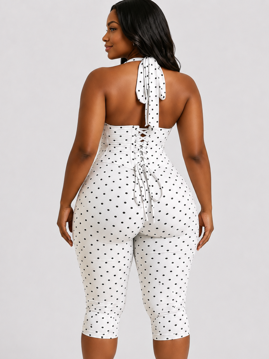 Sexy Halter-Neck Polka Dot Waist-Cinching Shapewear And Capri Legging