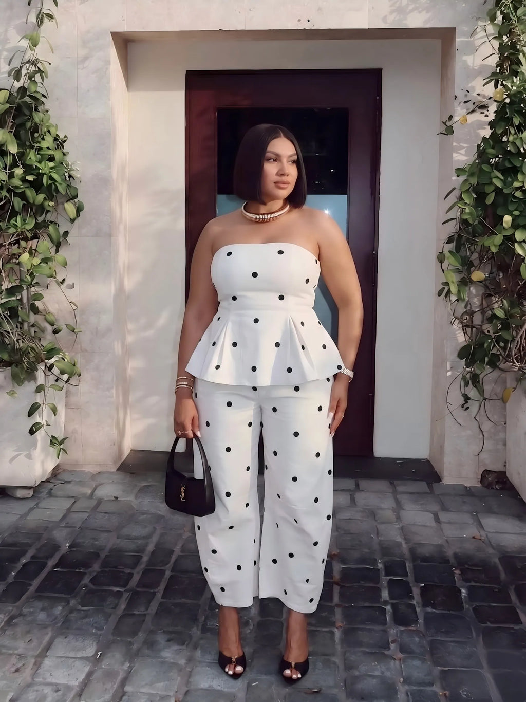 ⚪ Women's Elegant Polka Dot Strapless Peplum Top & Wide-Leg Pants Set