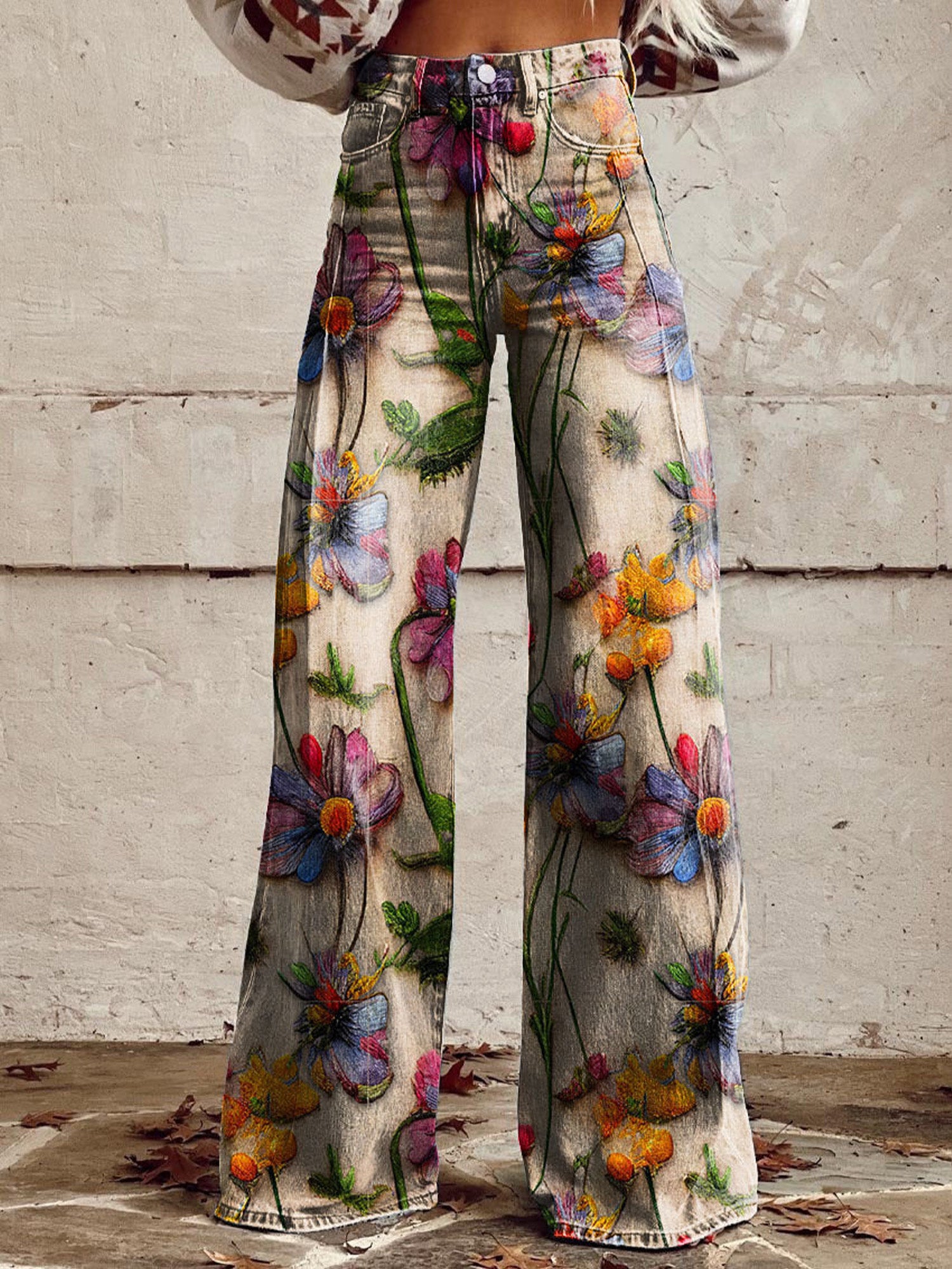 Floral-Print Satin High-Waisted Flowy Loose-Fit Straight-Leg Casual Pants