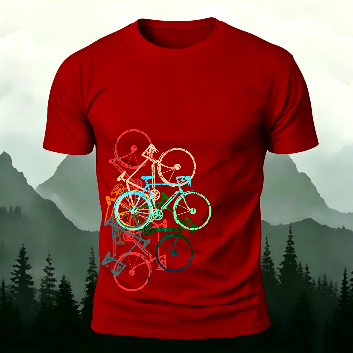 Colorful Bicycle Printed Soft-touch Feel Casual T-Shirt