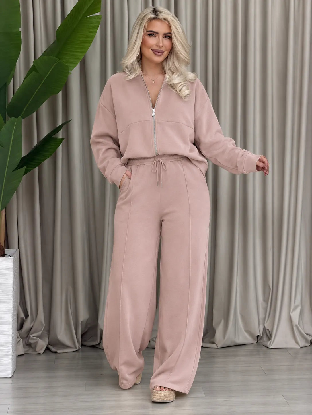 Women Solid Color Sweatshirt Casual Two Piece Set