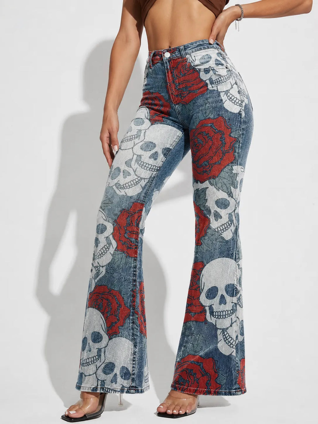 Women's Faux-Denim Pants with Stylish Skull and Red Floral Print