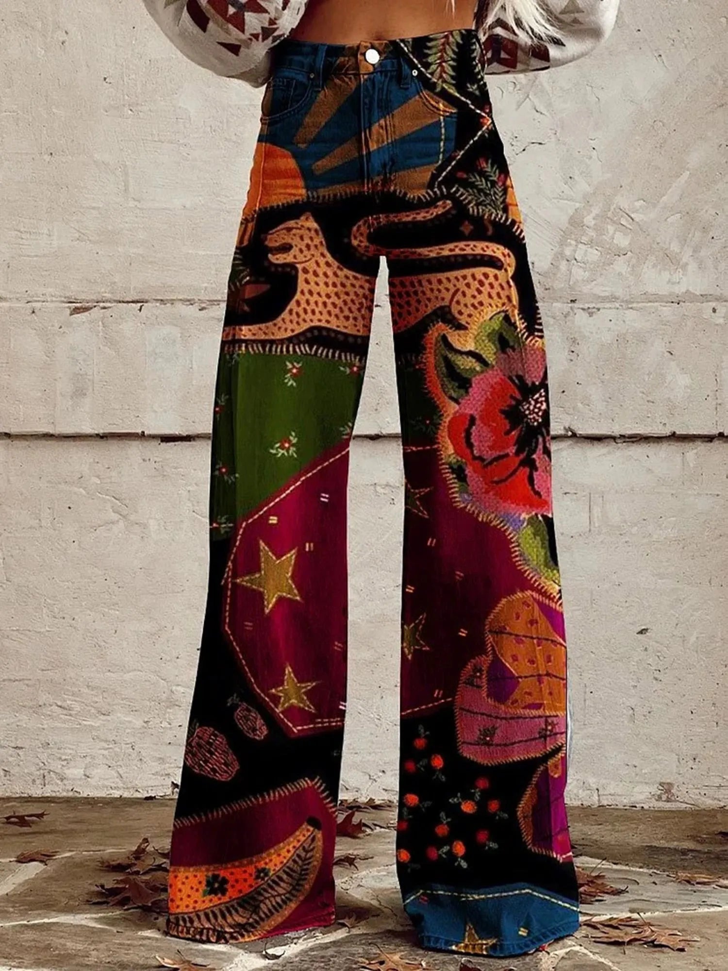 Women's Denim-Look 3D-Printed Casual Wide-Leg Flared Pants