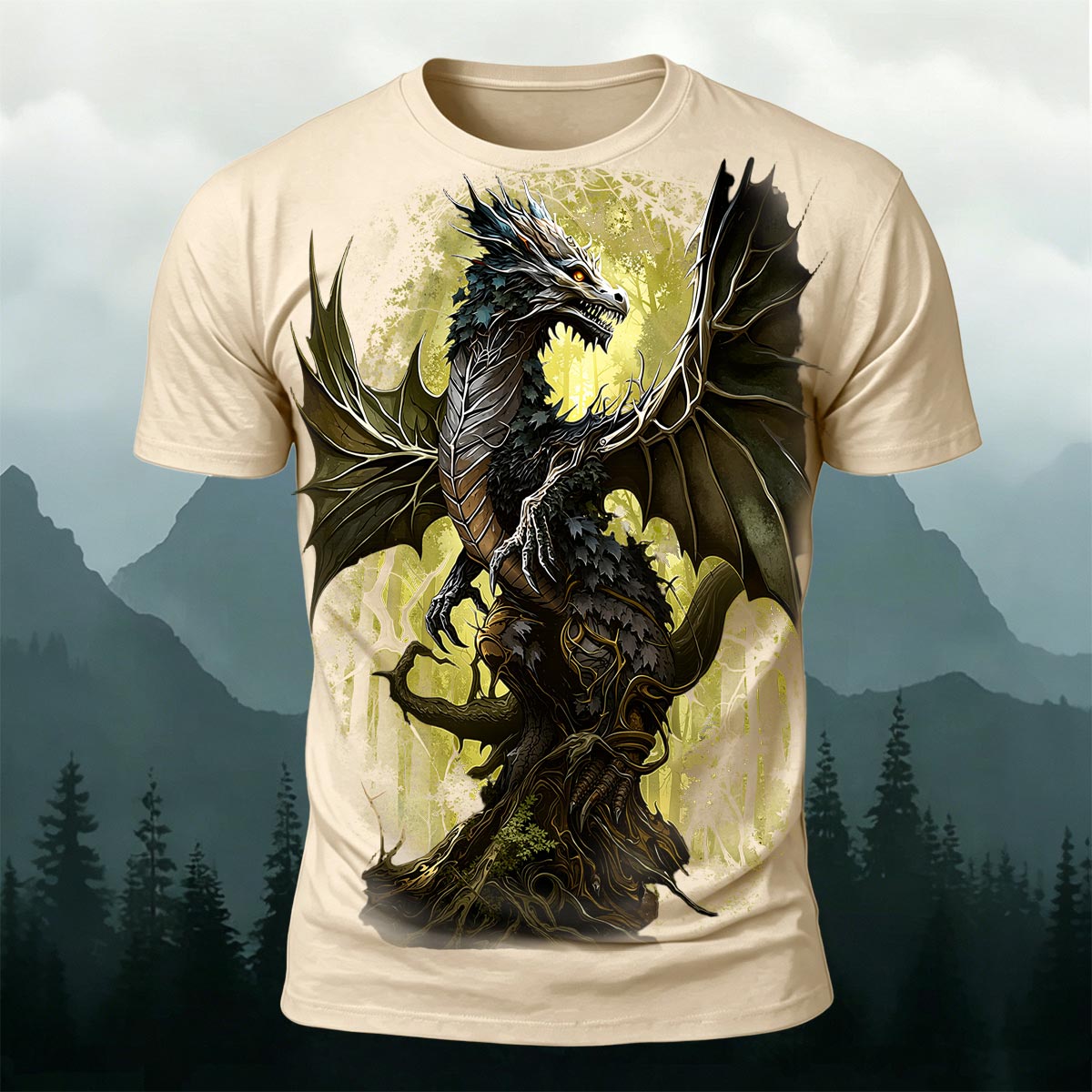 Retro Forest Dragon Print Outdoor T-Shirt