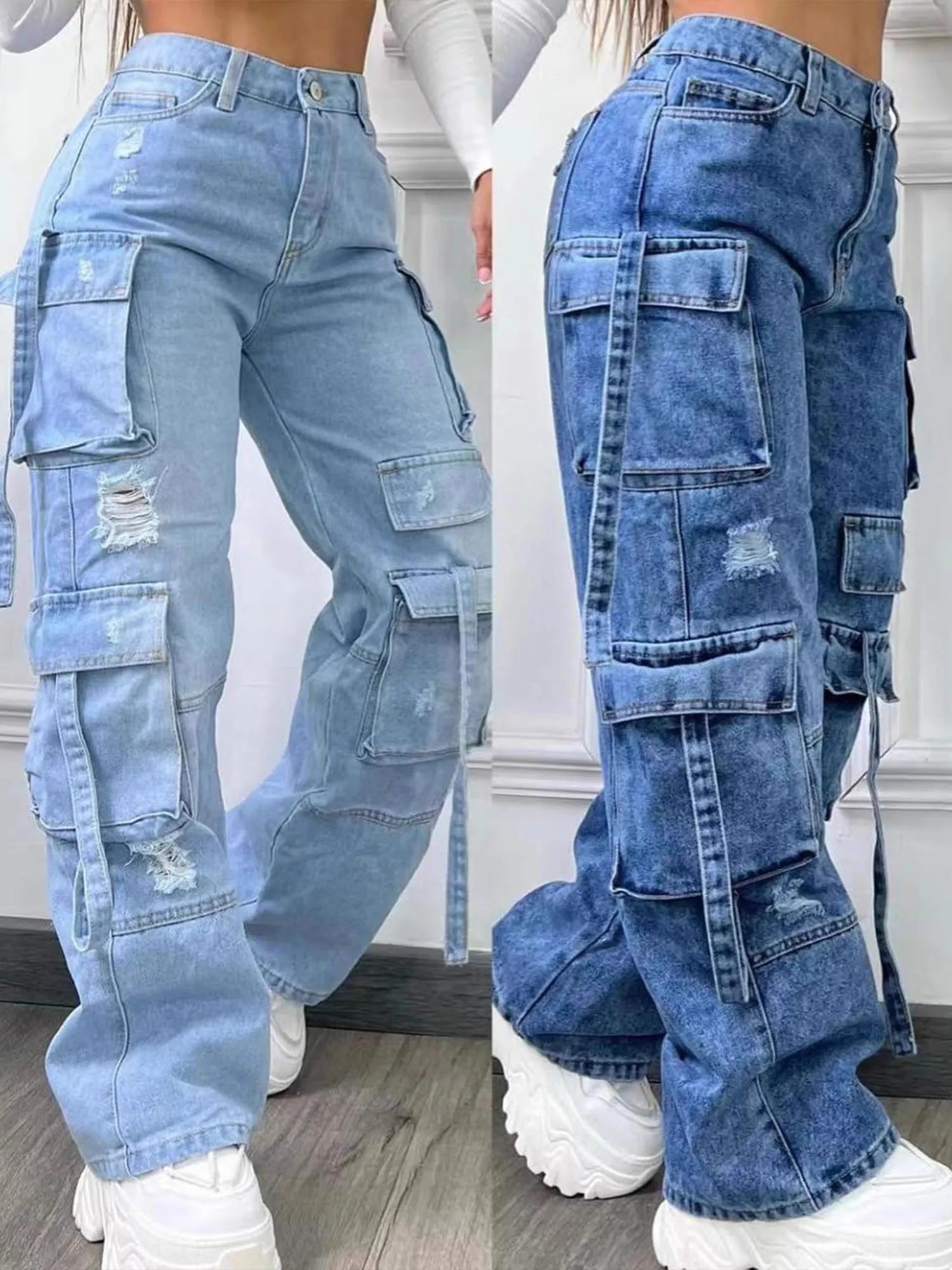 Fashion Versatile Multi-Pocket Casual Cargo Denim Pants