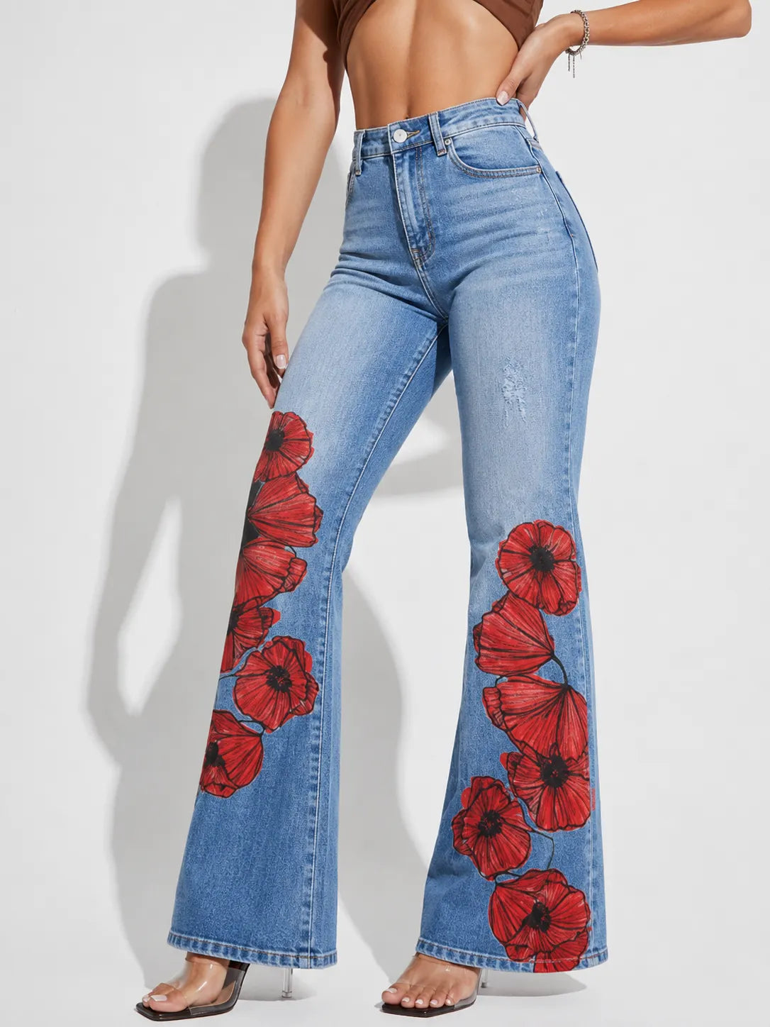 Women's Vintage Floral Print Faux-Denim Trousers