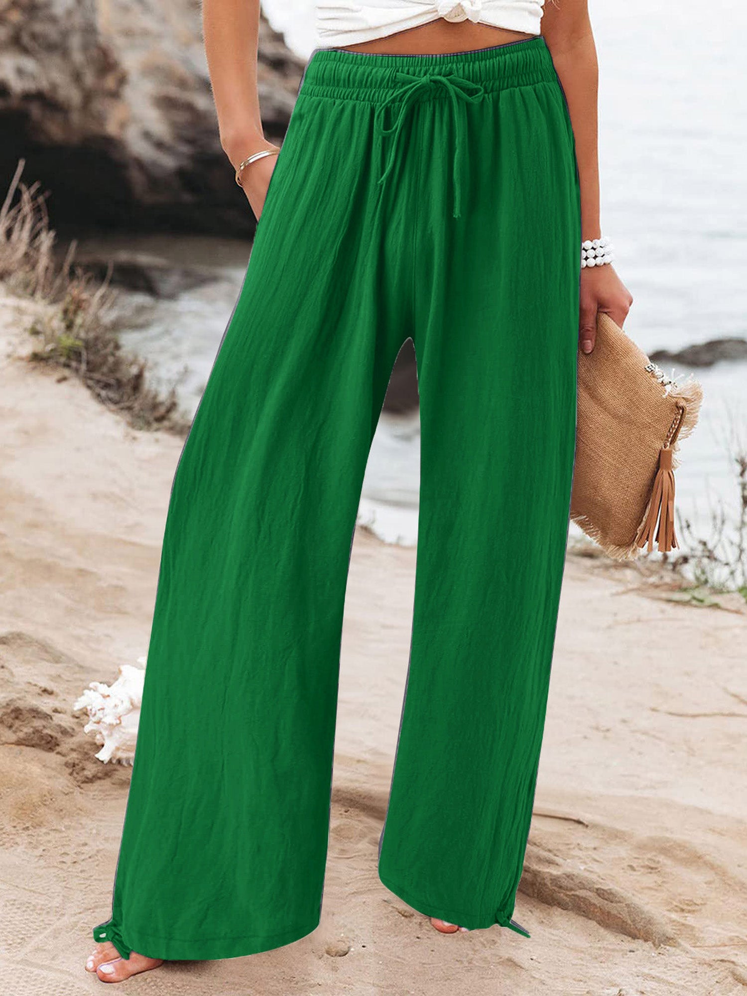 Elastic-Waist Casual Solid-Color Wide-Leg Pants