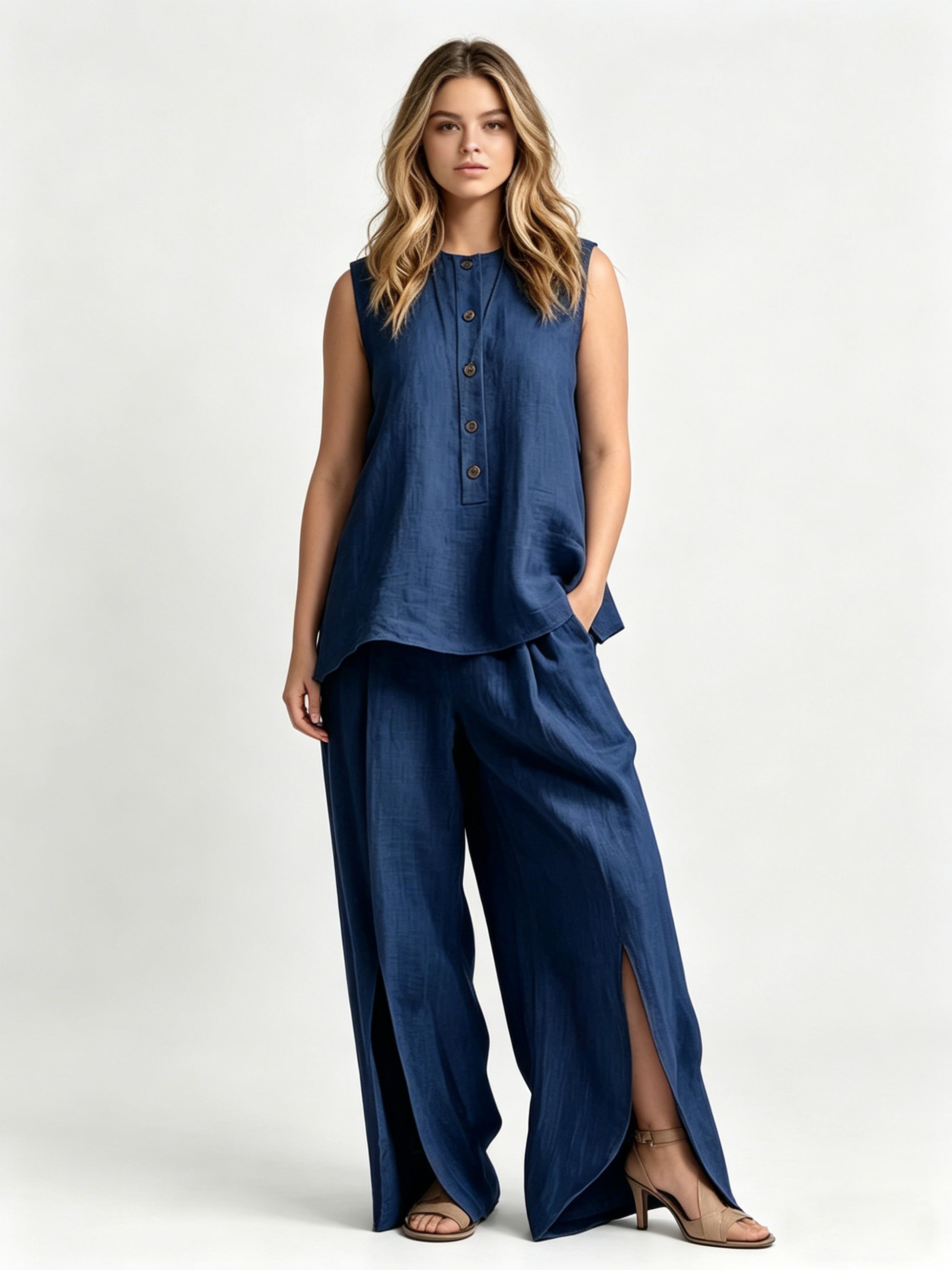 Sleeveless Button Simple Casual Elegant Set