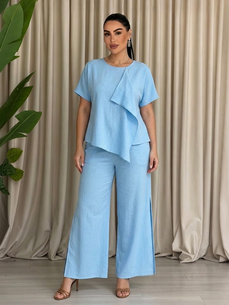 Round Neck Irregular Top Split Wide-leg Pants Set