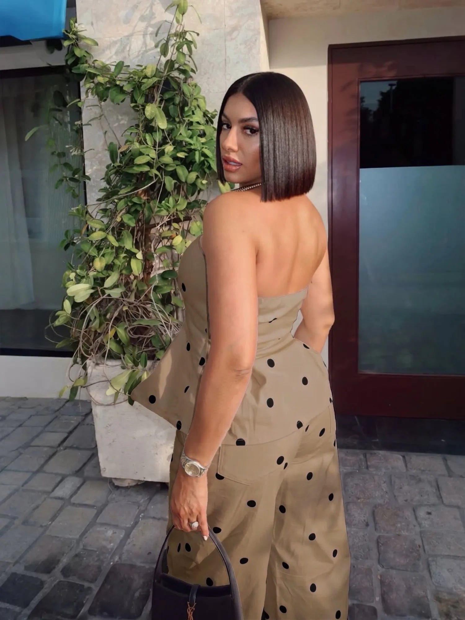 ⚪ Women's Elegant Polka Dot Strapless Peplum Top & Wide-Leg Pants Set