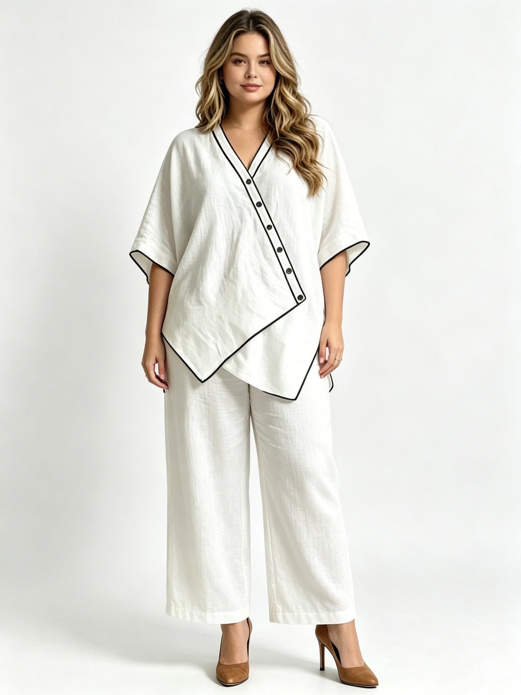 Cotton-Linen V-Neck Oversized Two-Piece Set