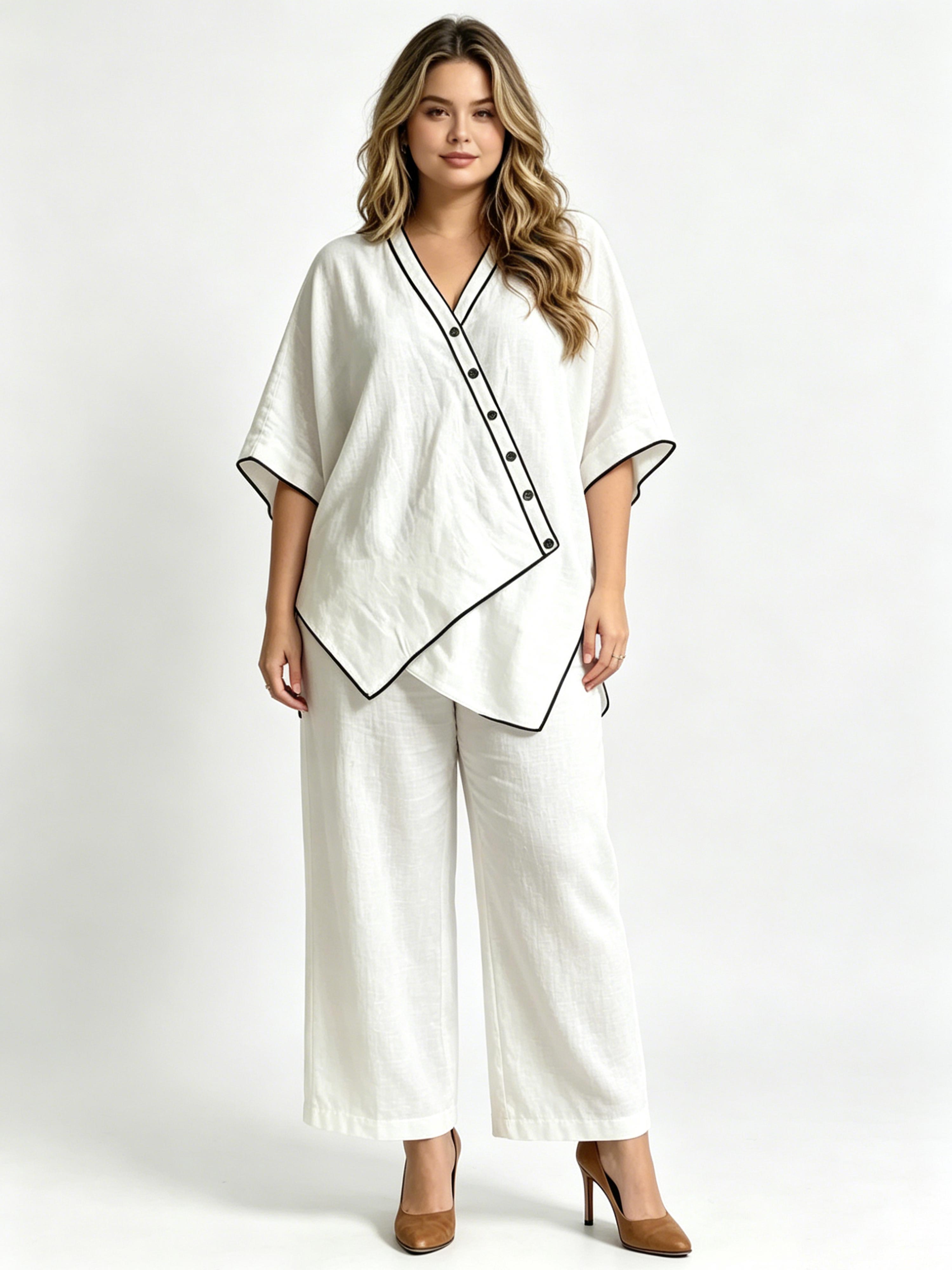 Cotton-Linen V-Neck Oversized Two-Piece Set