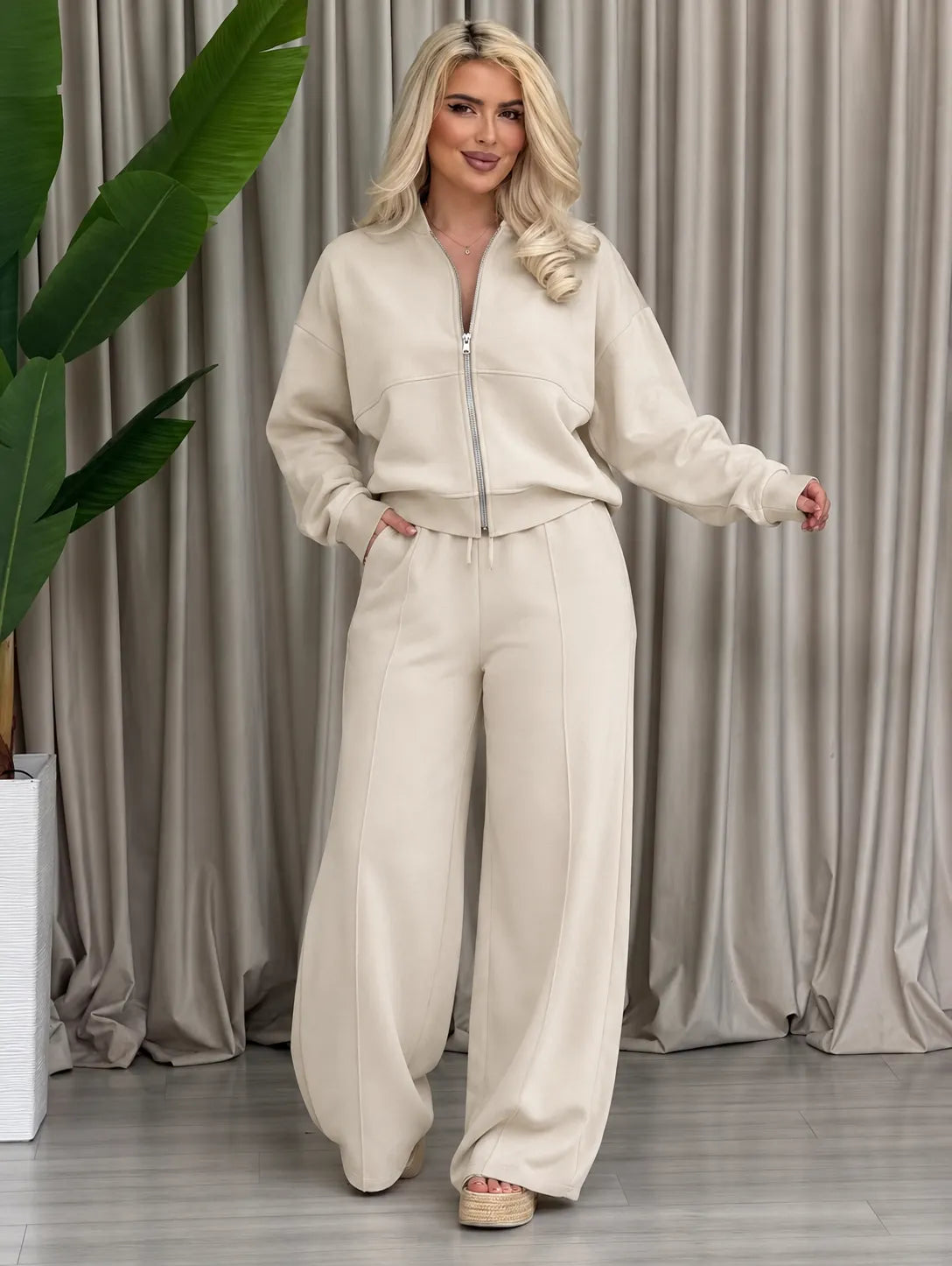 Women Solid Color Sweatshirt Casual Two Piece Set