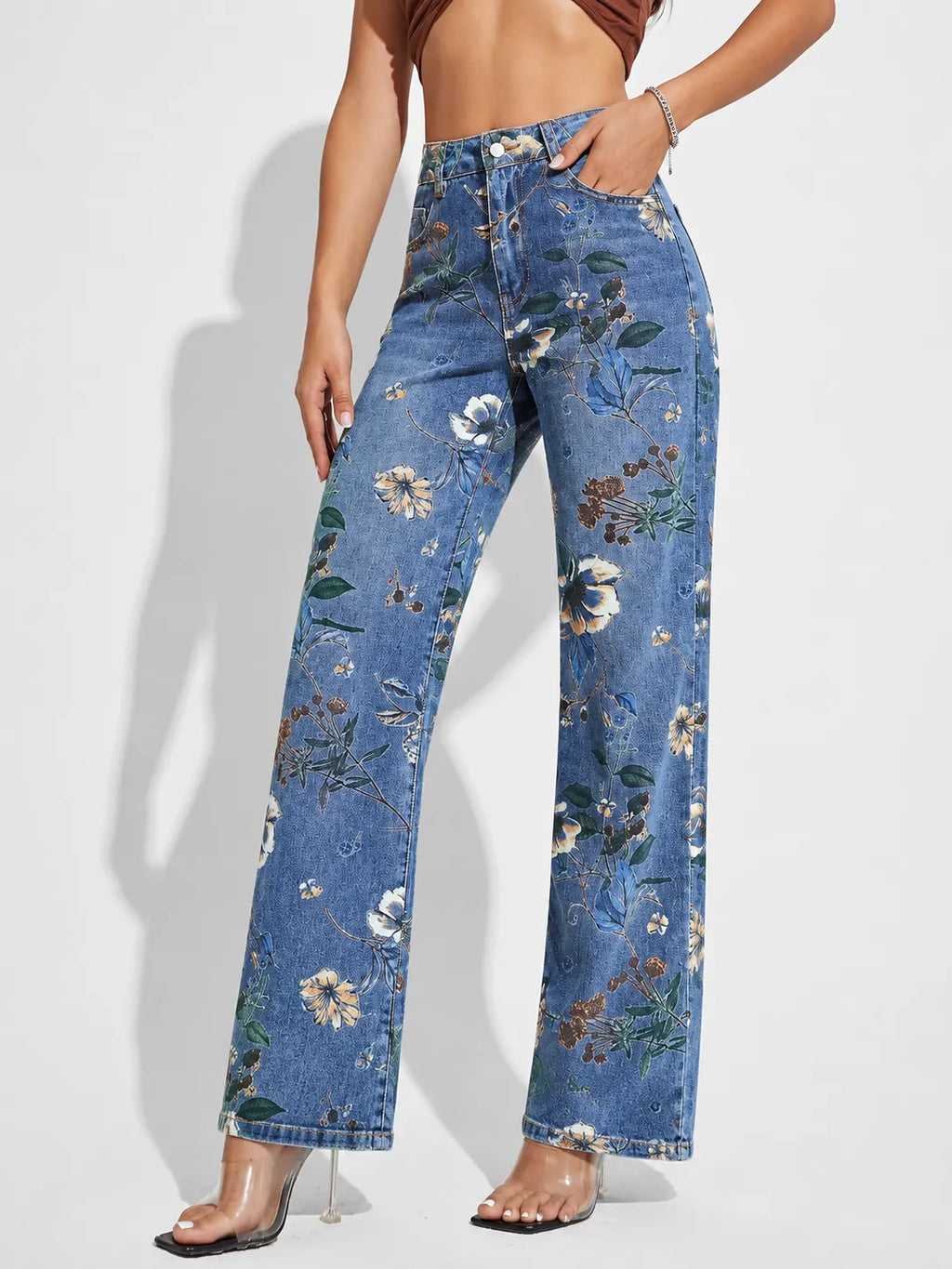 Women Floral Print Wide Leg Straight Denim Jeans