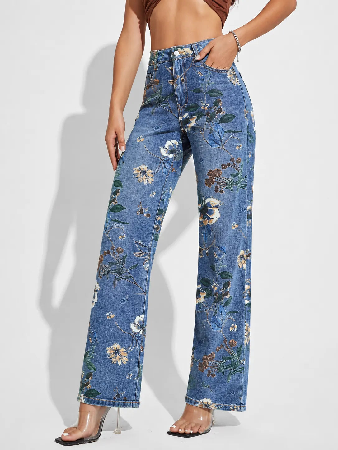 Women Floral Print Wide Leg Straight Denim Jeans