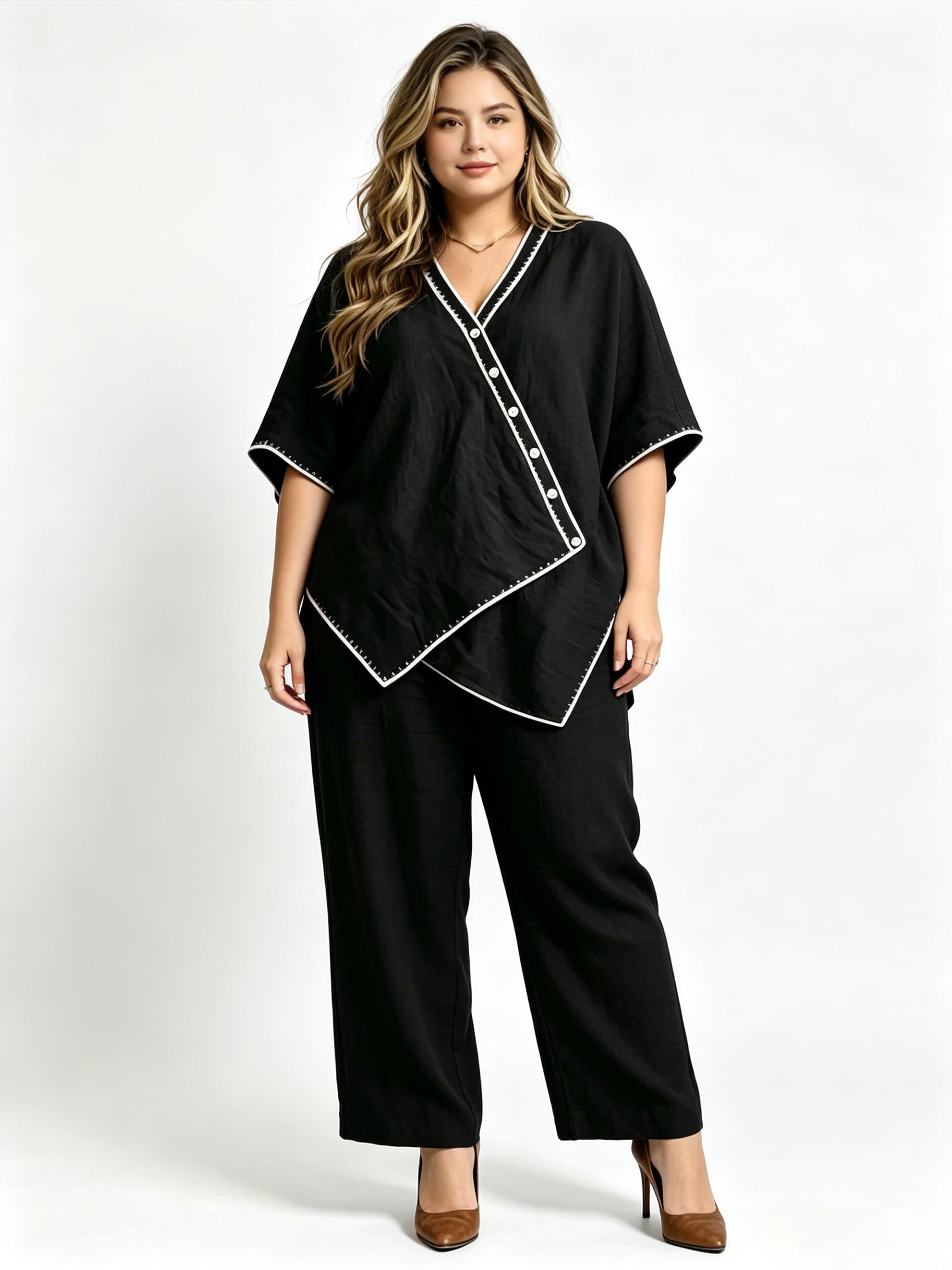 Cotton-Linen V-Neck Oversized Two-Piece Set