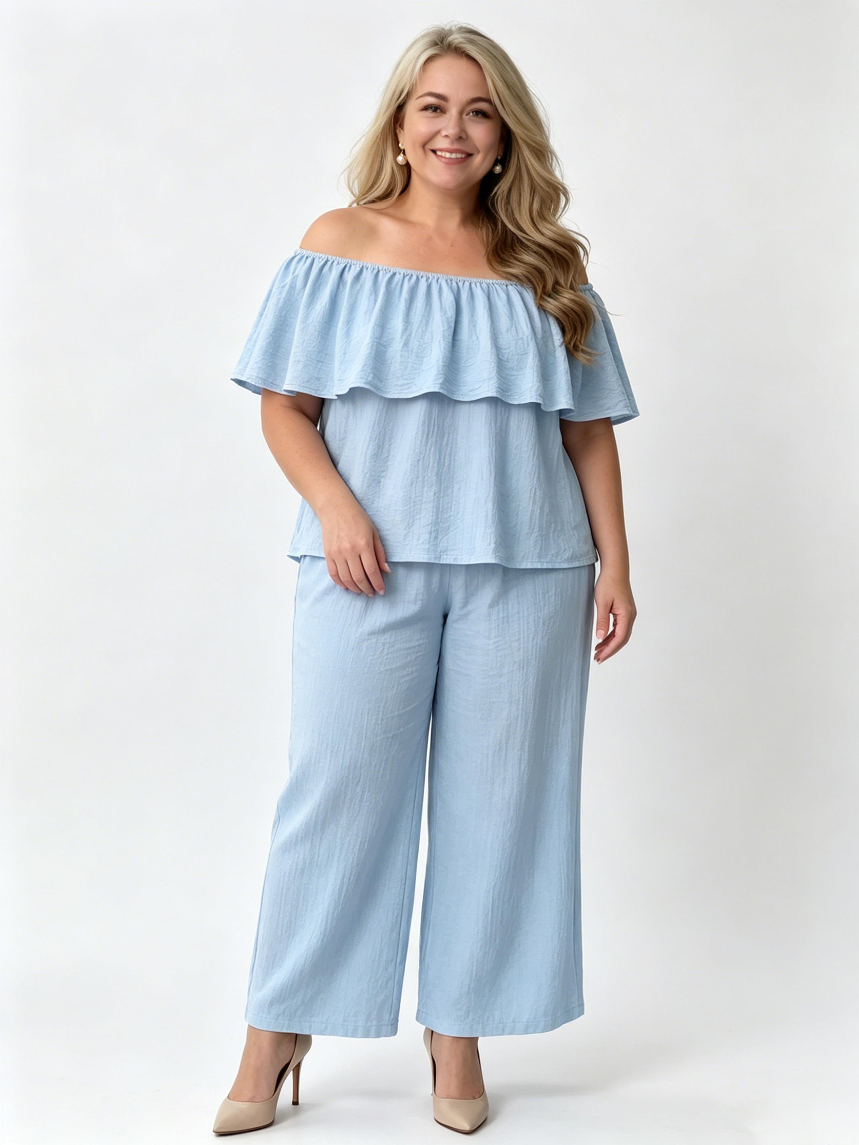 Off-the-shoulder Ruffled Top and Wide-leg Pants Casual Vacation Set