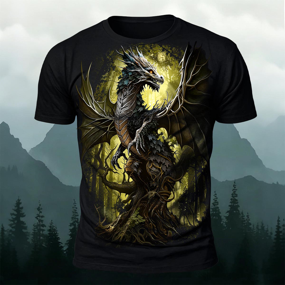 Retro Forest Dragon Print Outdoor T-Shirt