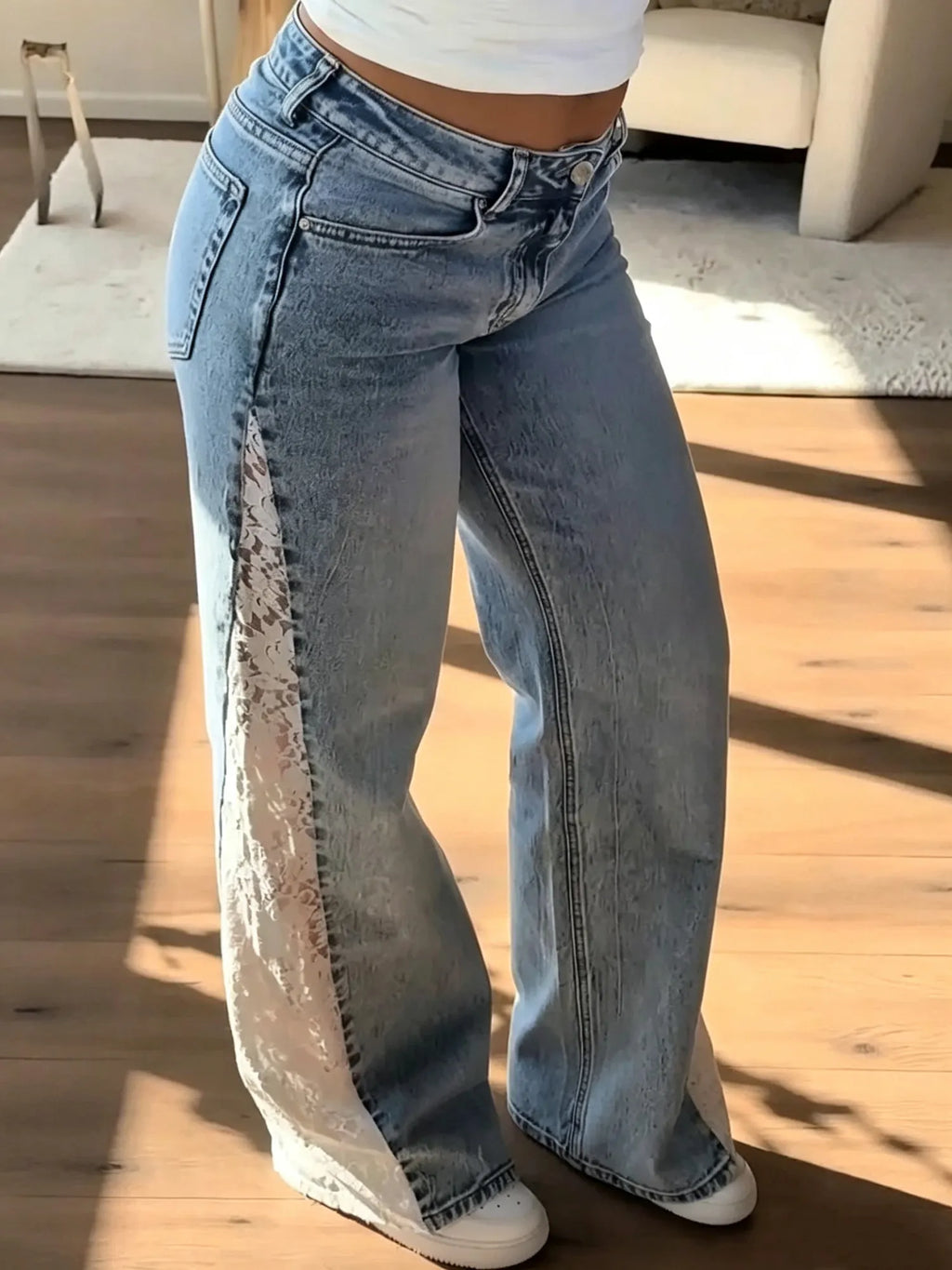 Lace Spliced Design Straight Leg Denim Pants