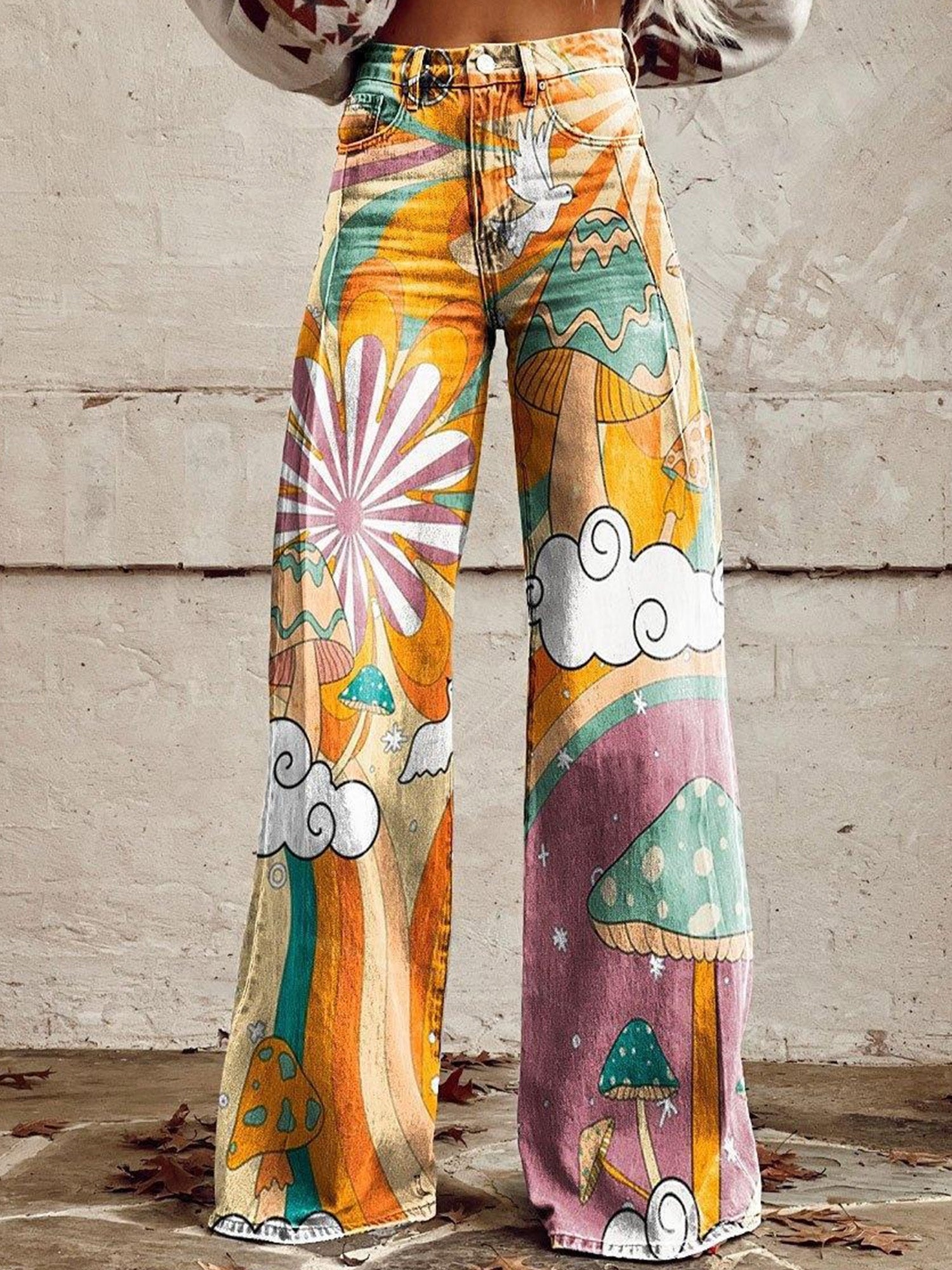 Women's Denim-Look 3D-Printed Casual Wide-Leg Flared Pants
