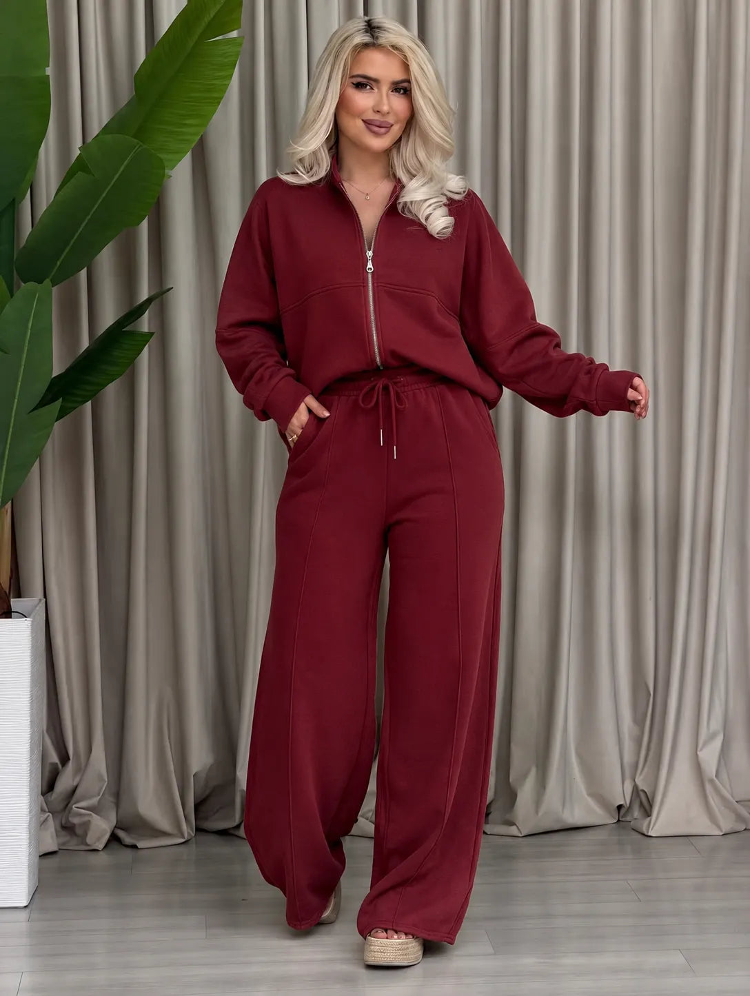 Women Solid Color Sweatshirt Casual Two Piece Set