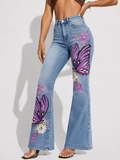 Women's Retro Colorful Butterfly Fashion Print Faux Denim Pants