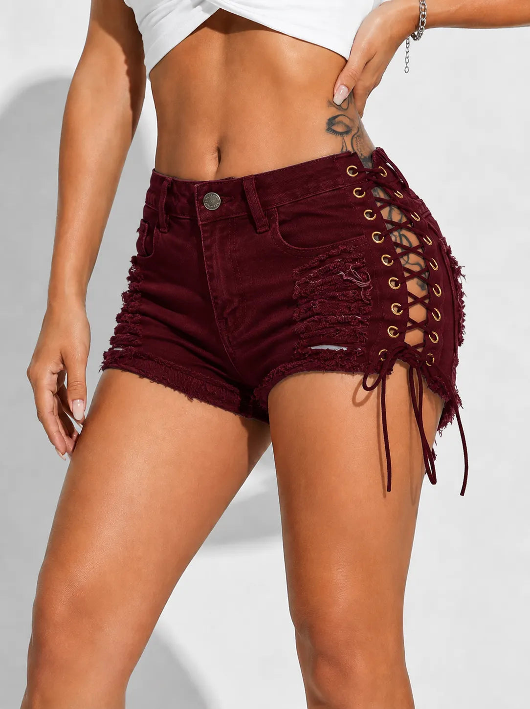 Women's Ripped Side-Banded Stretch Denim Shorts